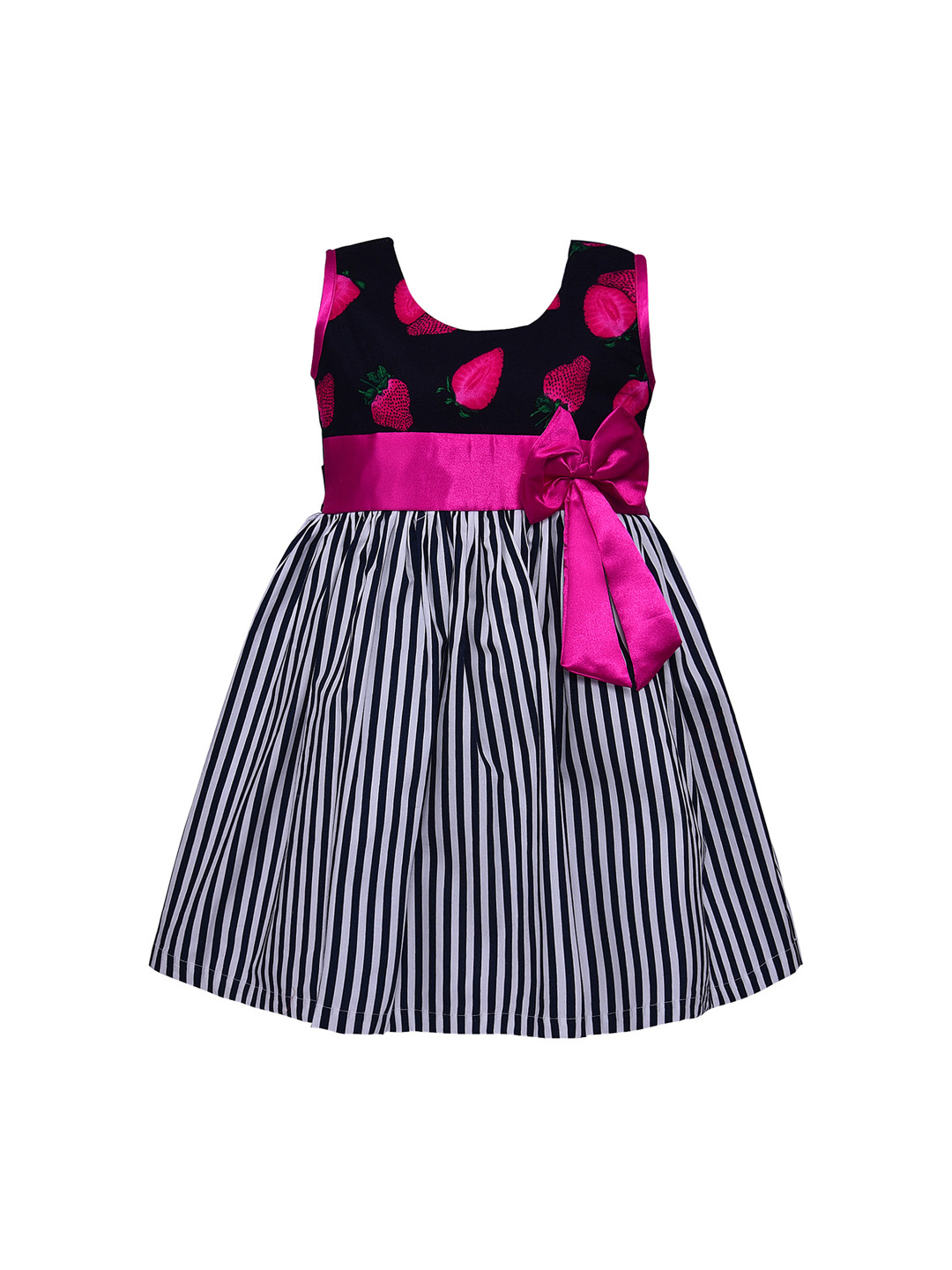Wish Karo Girls Pink & Navy Blue Striped Fit and Flare Dress