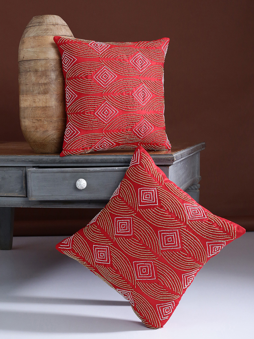 Alina decor Red Embroidered Polyester Washable 2 Piece Square Cushion Covers -16x16In