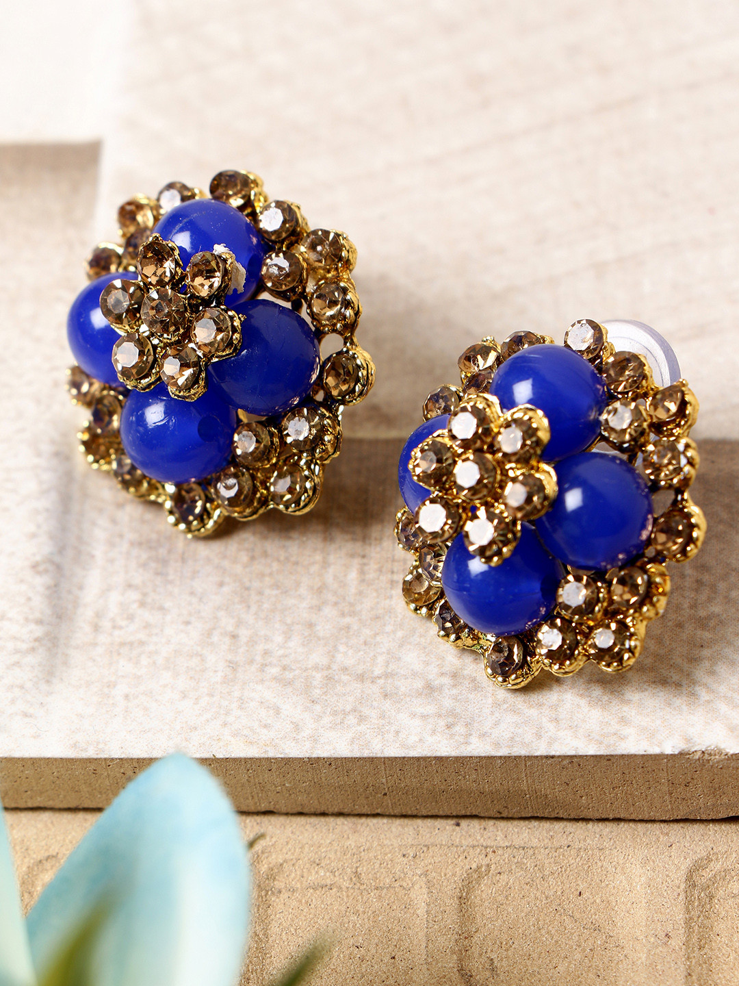 ANIKAS CREATION Blue & Gold-Plated Handcrafted Floral Studs