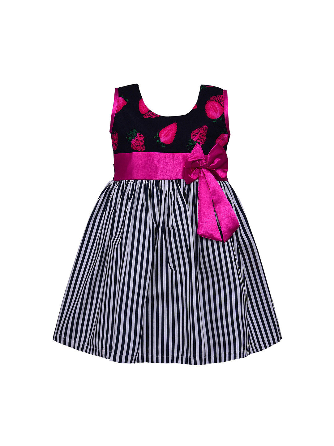 Wish Karo Girls Pink & Navy Blue Striped Fit and Flare Dress