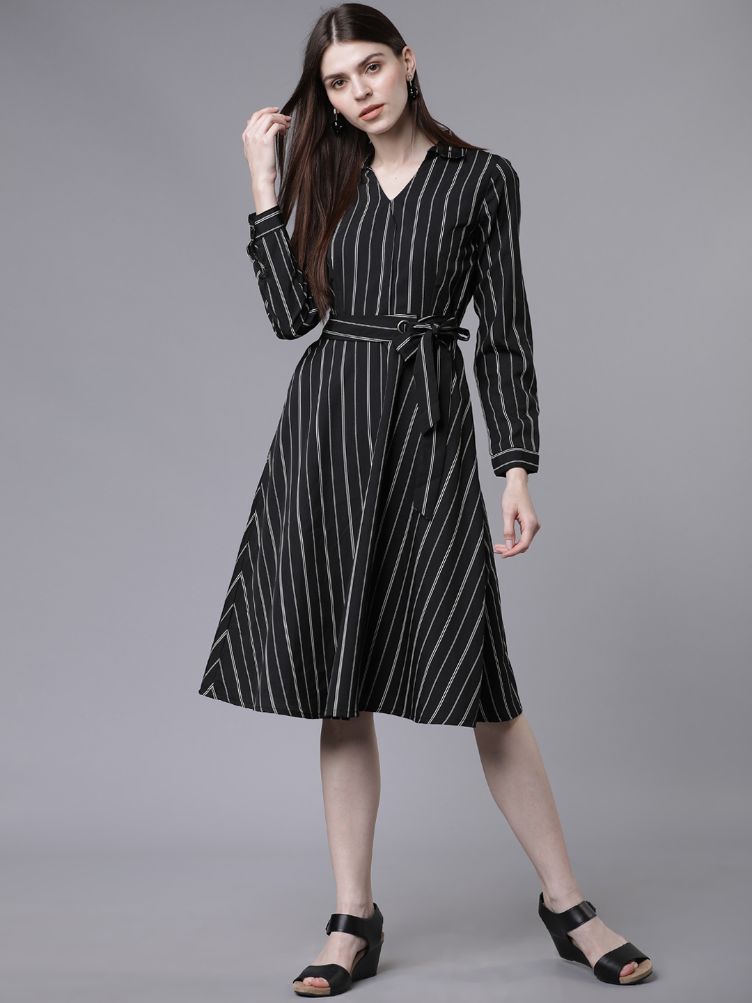 Tokyo Talkies Women Black Striped Fit and Flare Dress