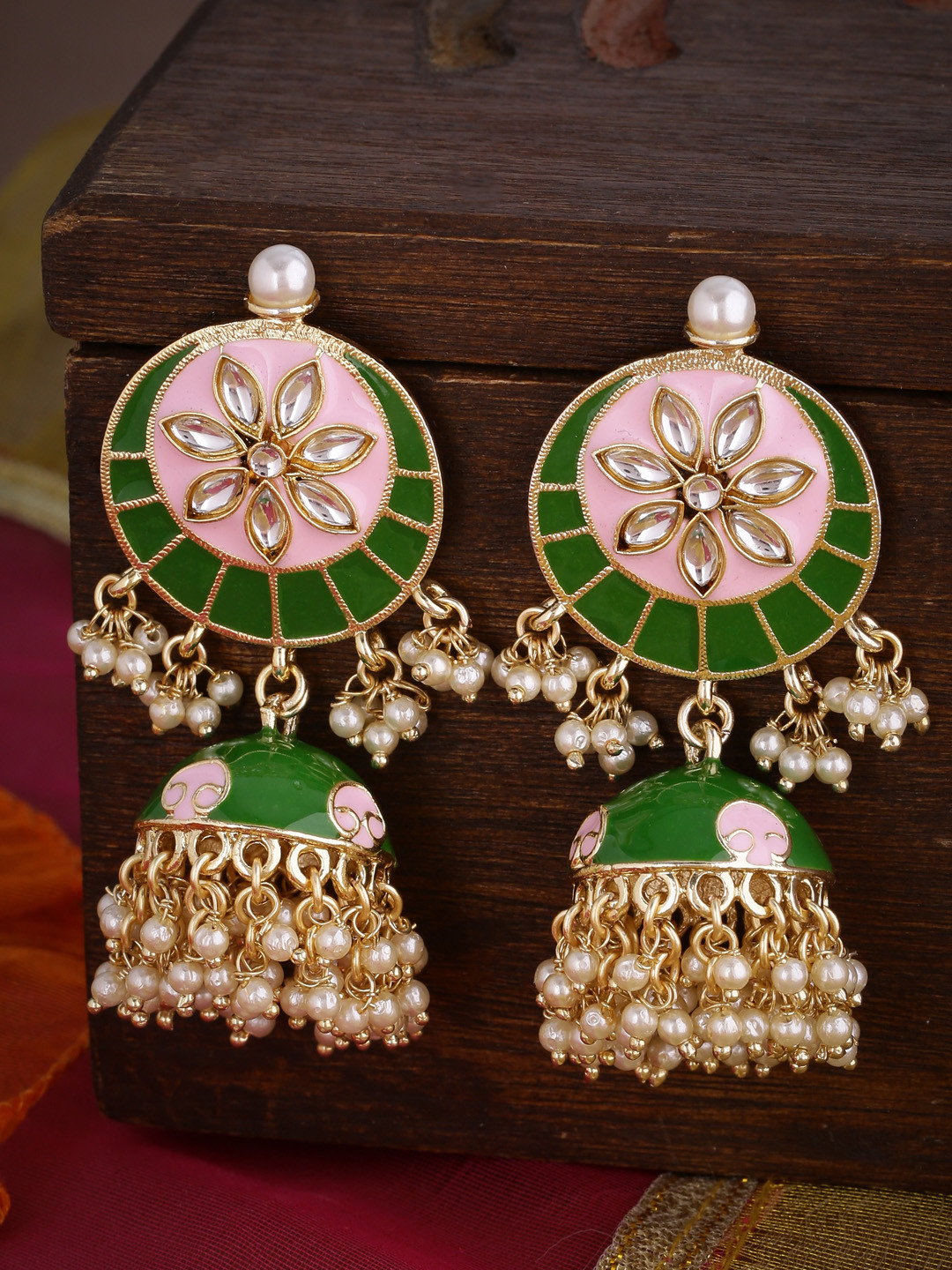 Shoshaa Green & Gold-Plated Enamelled Pearl Studded Dome Shaped Jhumkas