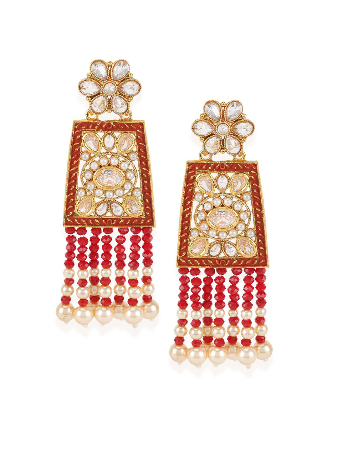 ANIKAS CREATION Gold-Plated & Red Floral Drop Earrings