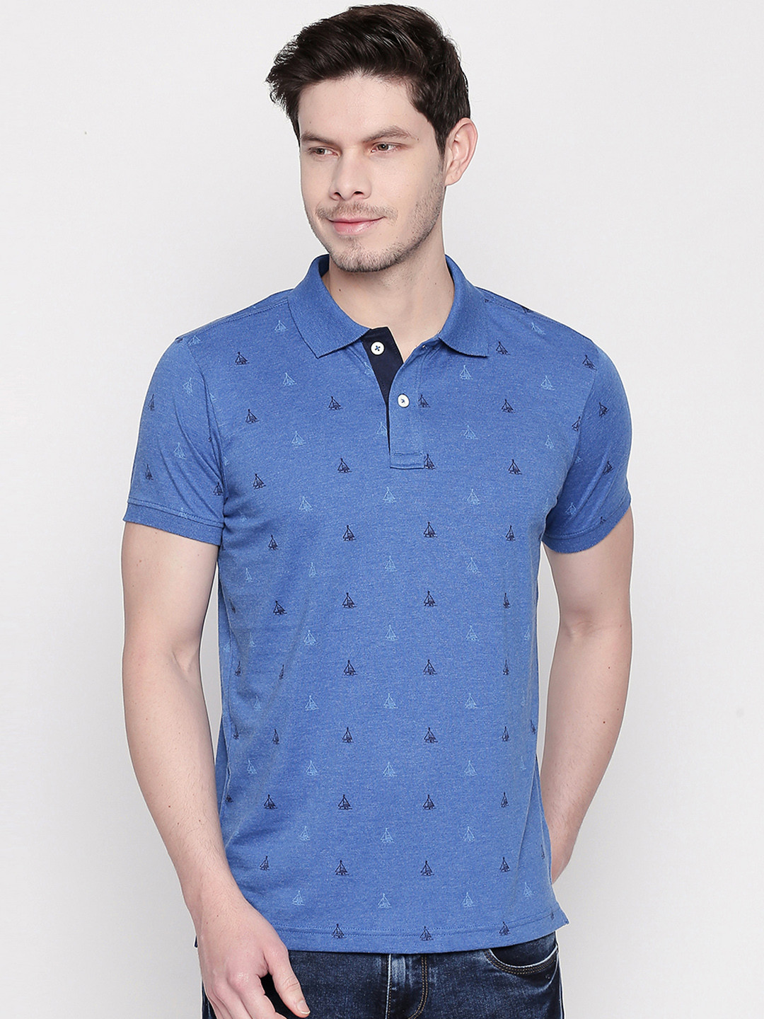 Basics Men Blue Printed Polo Collar T-shirt