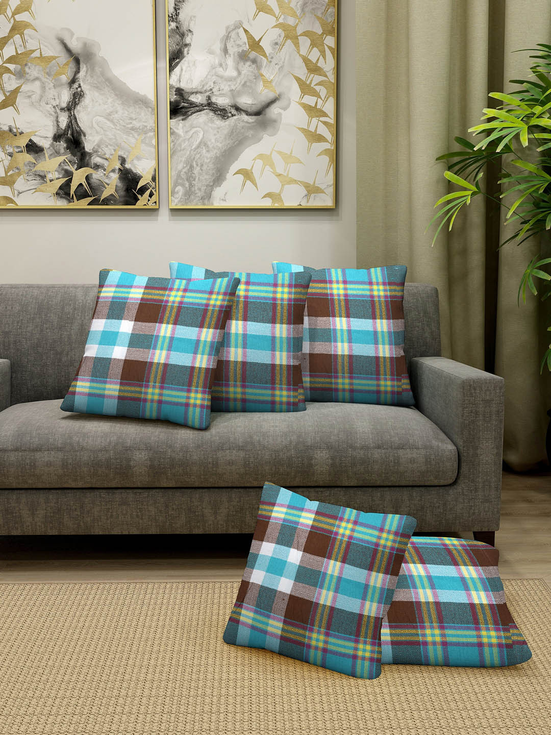 KLOTTHE Brown Checked Cotton Washable 5 Piece Square Cushion Covers -16x16In