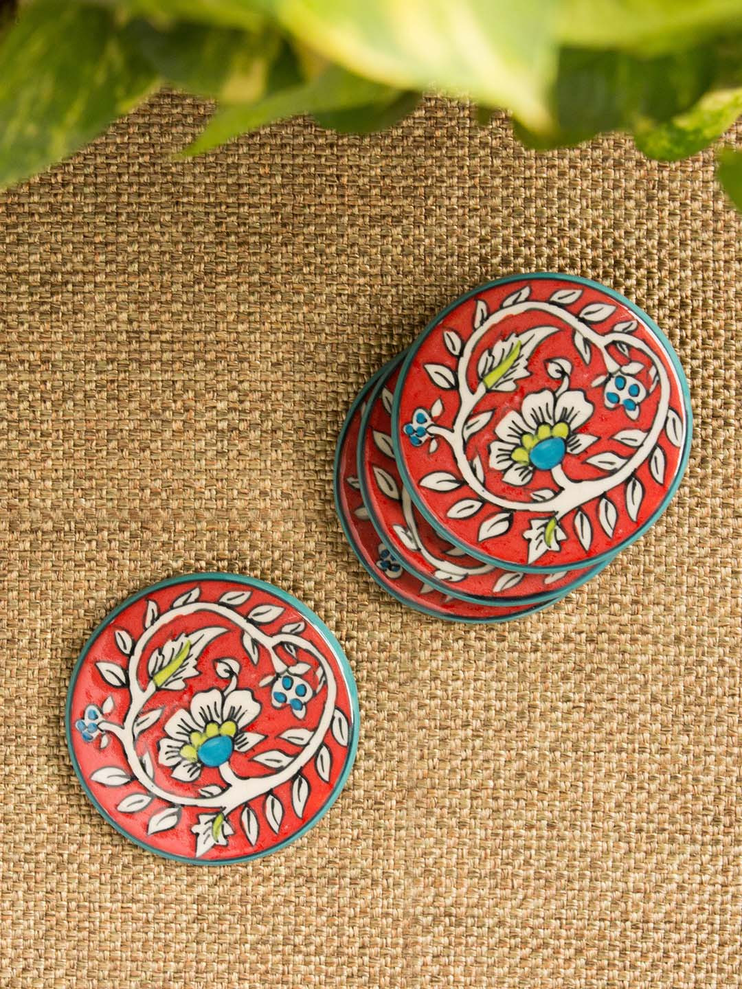 ExclusiveLane Red  White 4 pieces Hand-Painted Ceramic Coaster Set