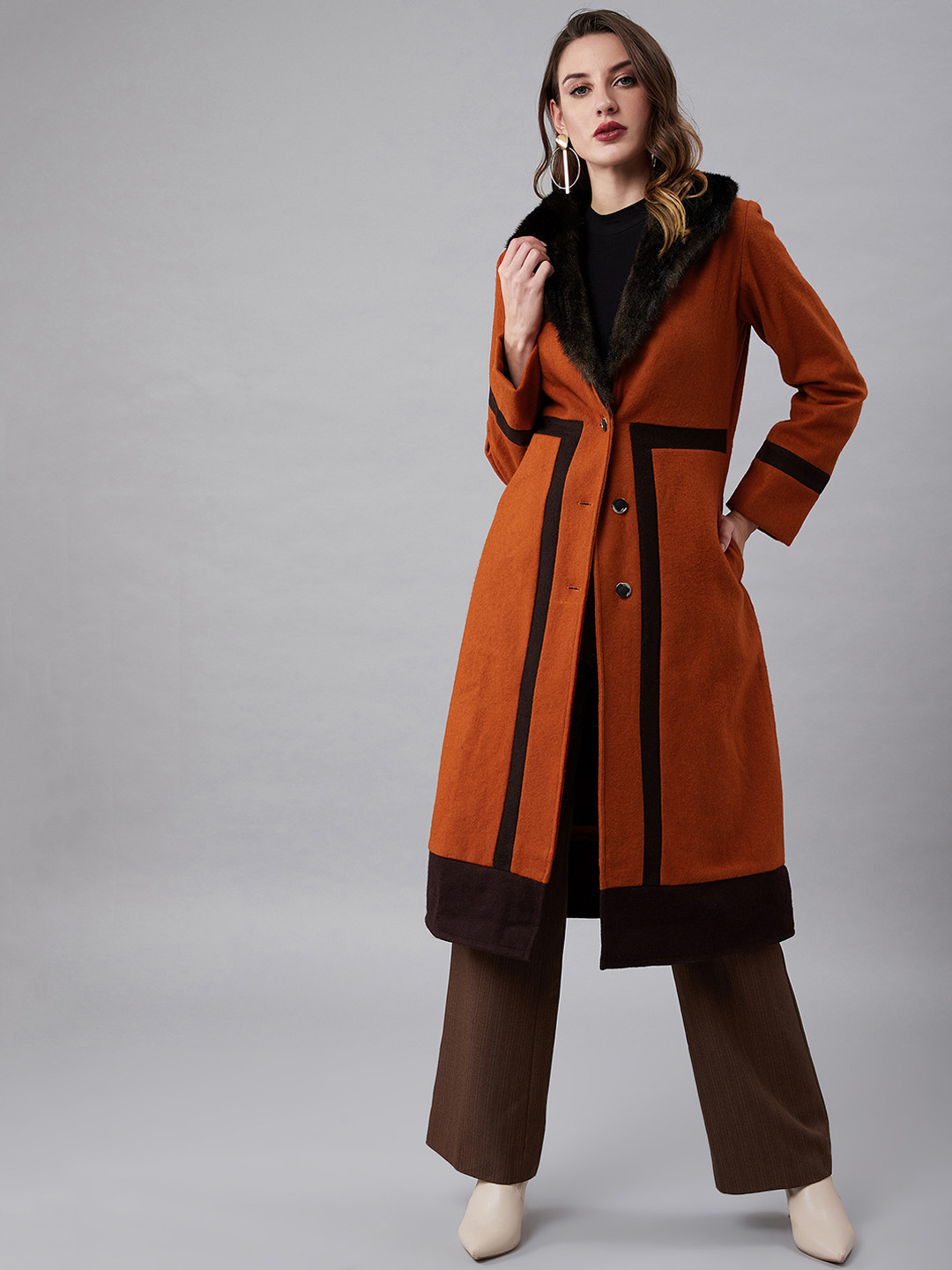 Athena Women Rust Orange & Brown Knee-Length Faux Fur Trimmed Woolen Overcoat