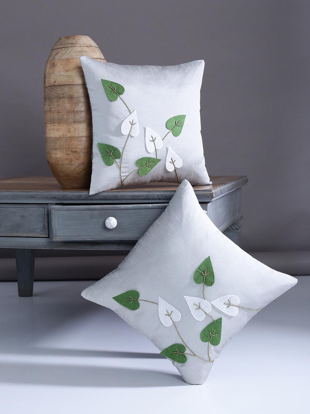 Alina decor Leaf Polyester Washable 2 Pcs Embellished Cushion Covers - 15.7 x 15.7 In