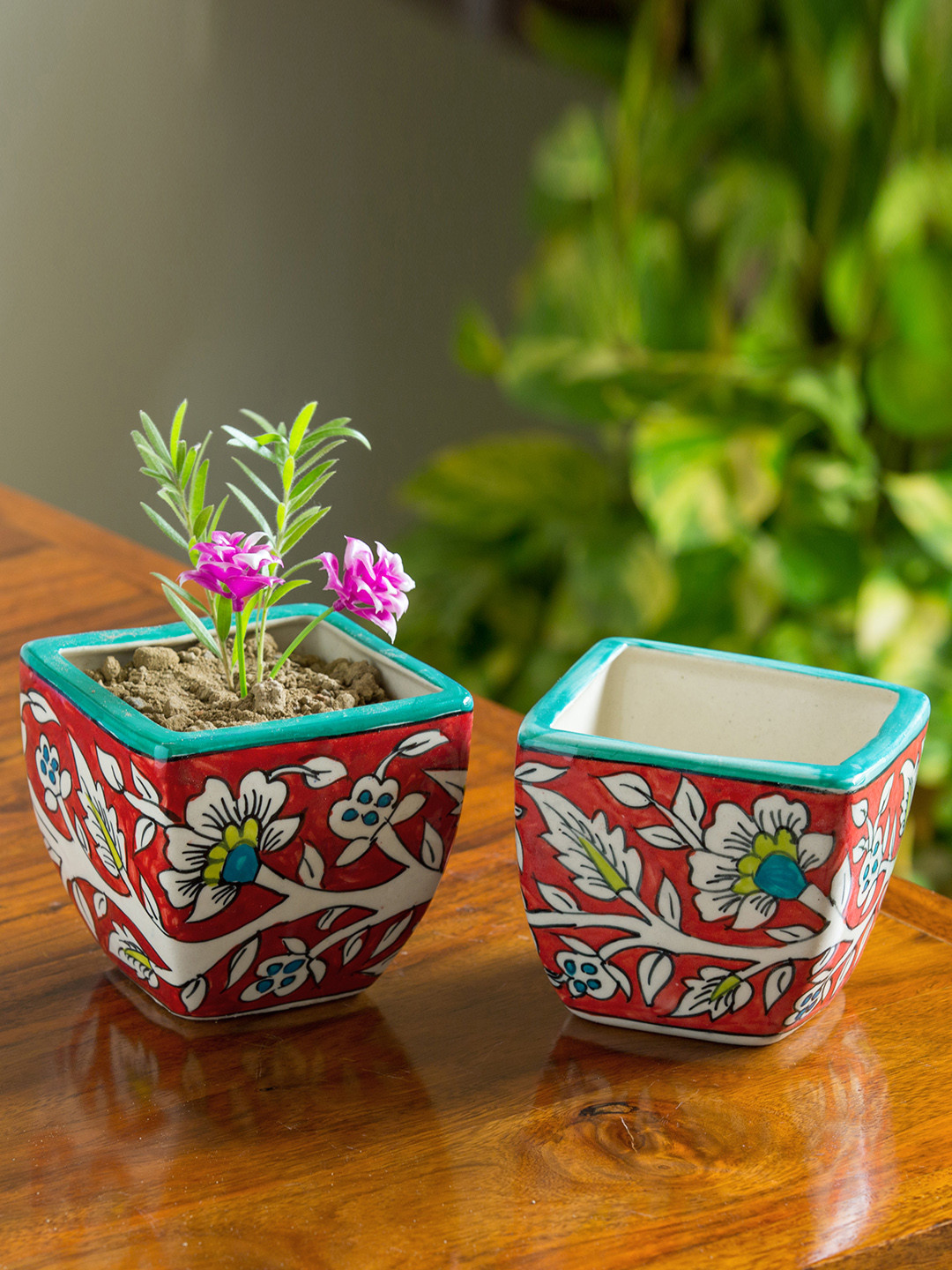 ExclusiveLane Set Of 2 Red & Blue Mughal Roots Hand-Painted Ceramic Table Planters