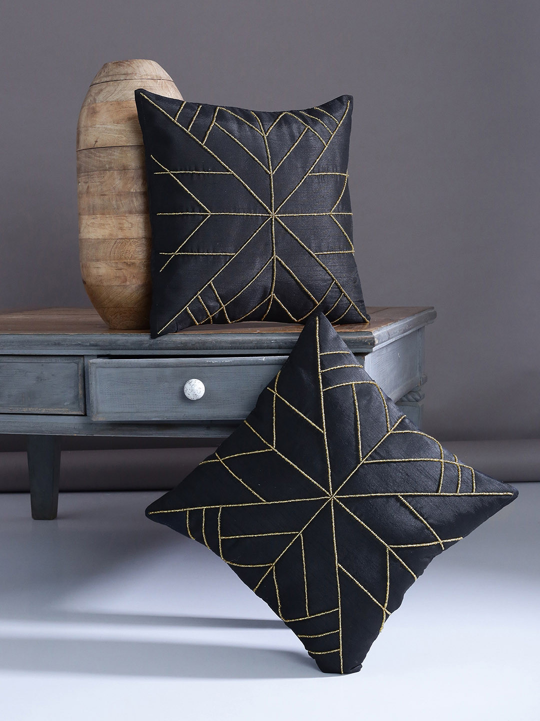 Alina decor Black Embellished Polyester Silk Washable 2 Pcs Square Cushion Covers -16x16In