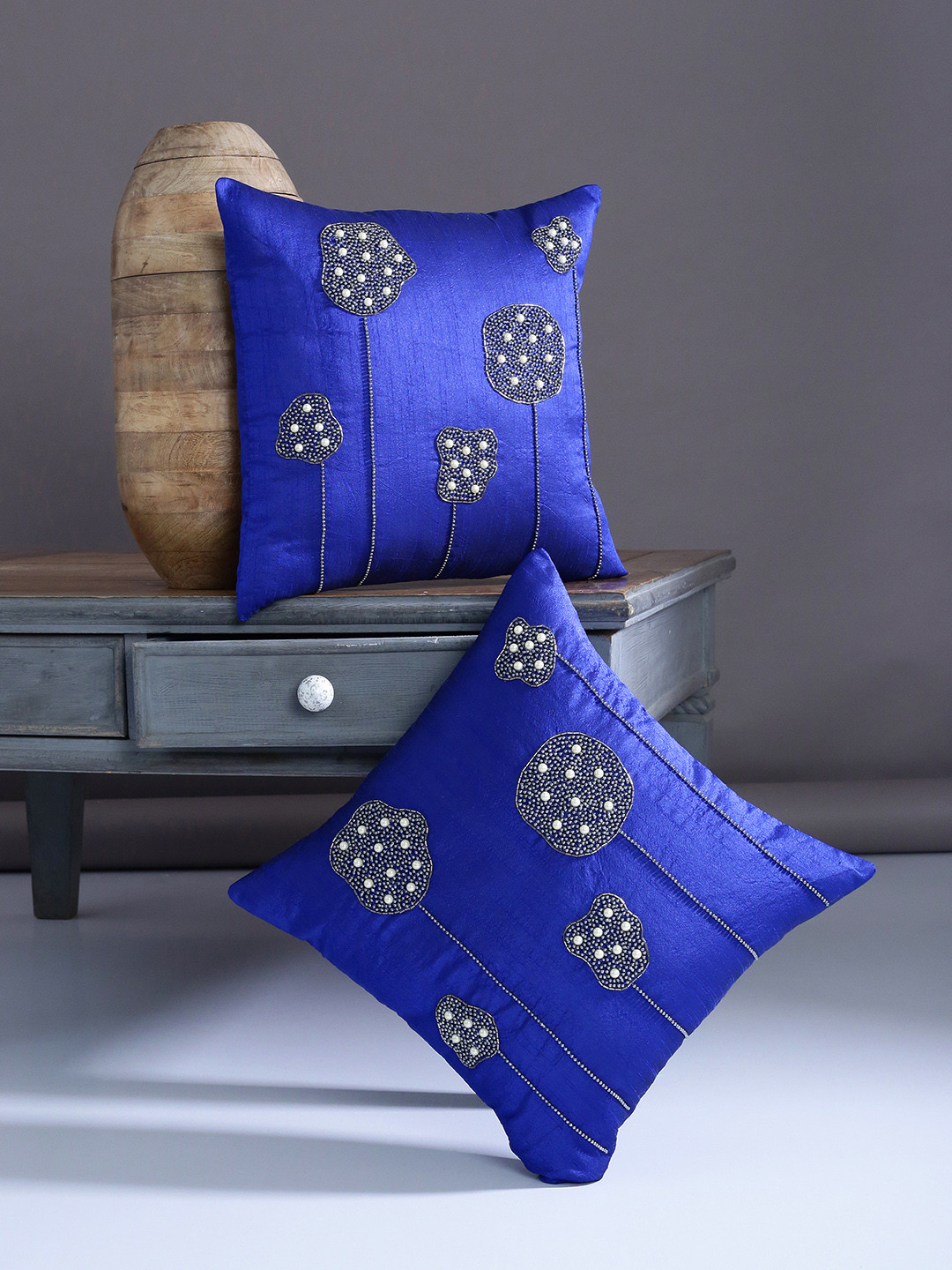 Alina decor Blue Embellished Polyester Washable 2 Piece Square Cushion Covers -16x16In