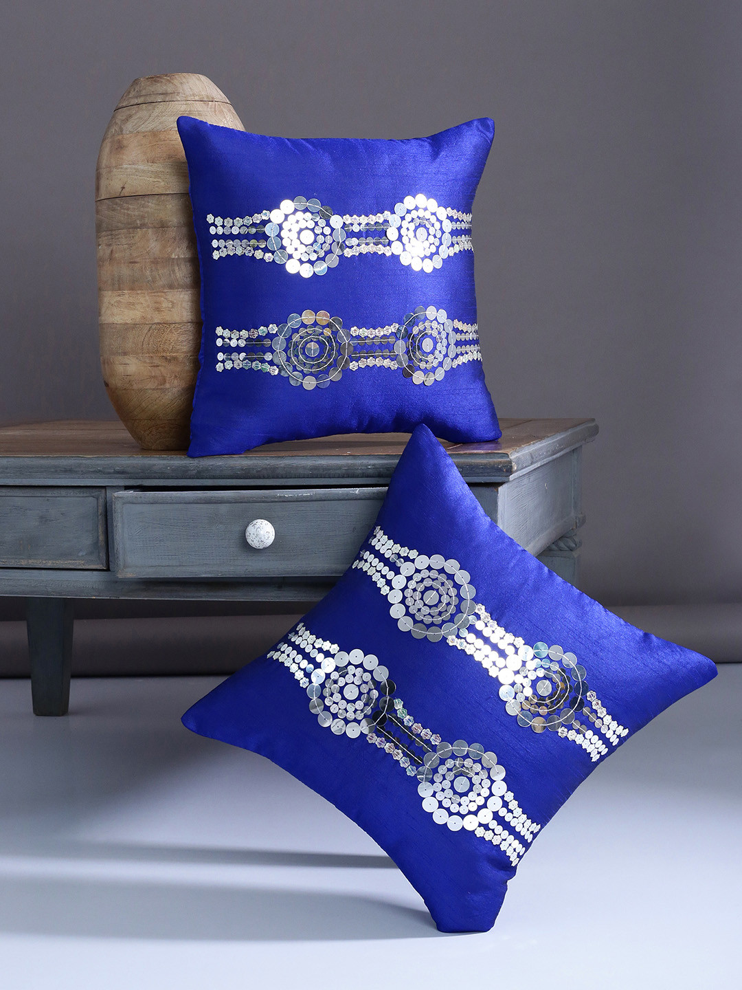 Alina decor Blue Embellished Polyester Washable 2 Piece Square Cushion Covers - 16x16In