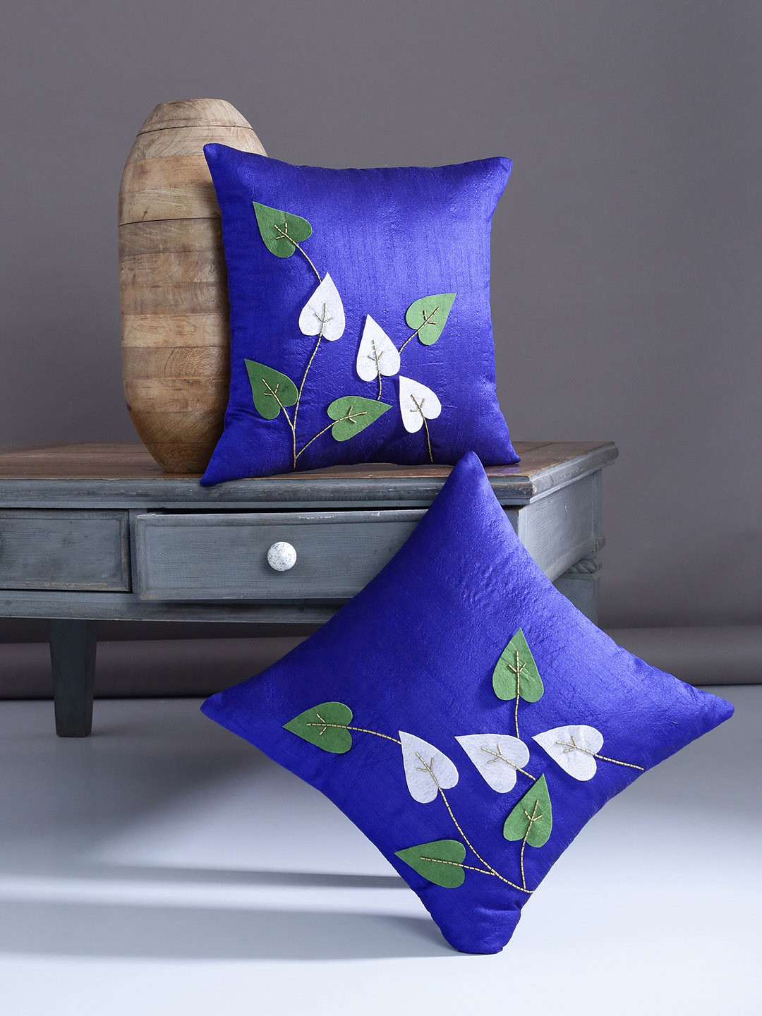 Alina decor Blue Leaf Polyester Washable 2 Pcs Embellished Square Cushion Covers -16x16In