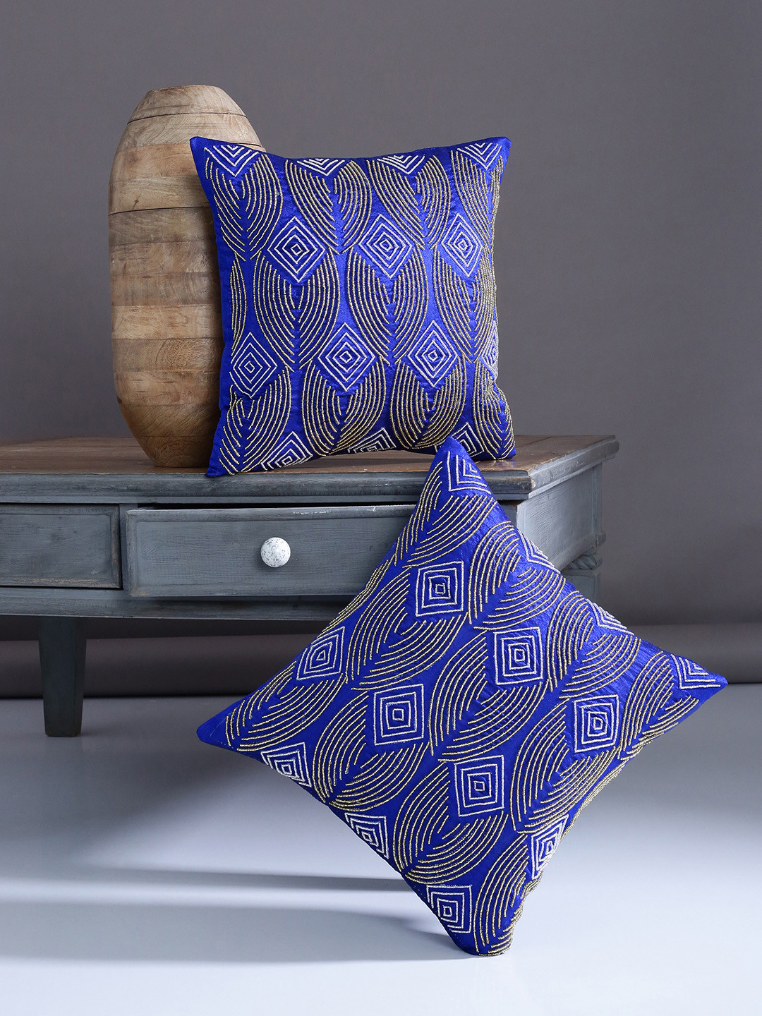 Alina decor Blue Polyester Washable 2 Piece Embellished Square Cushion Covers -16x16In