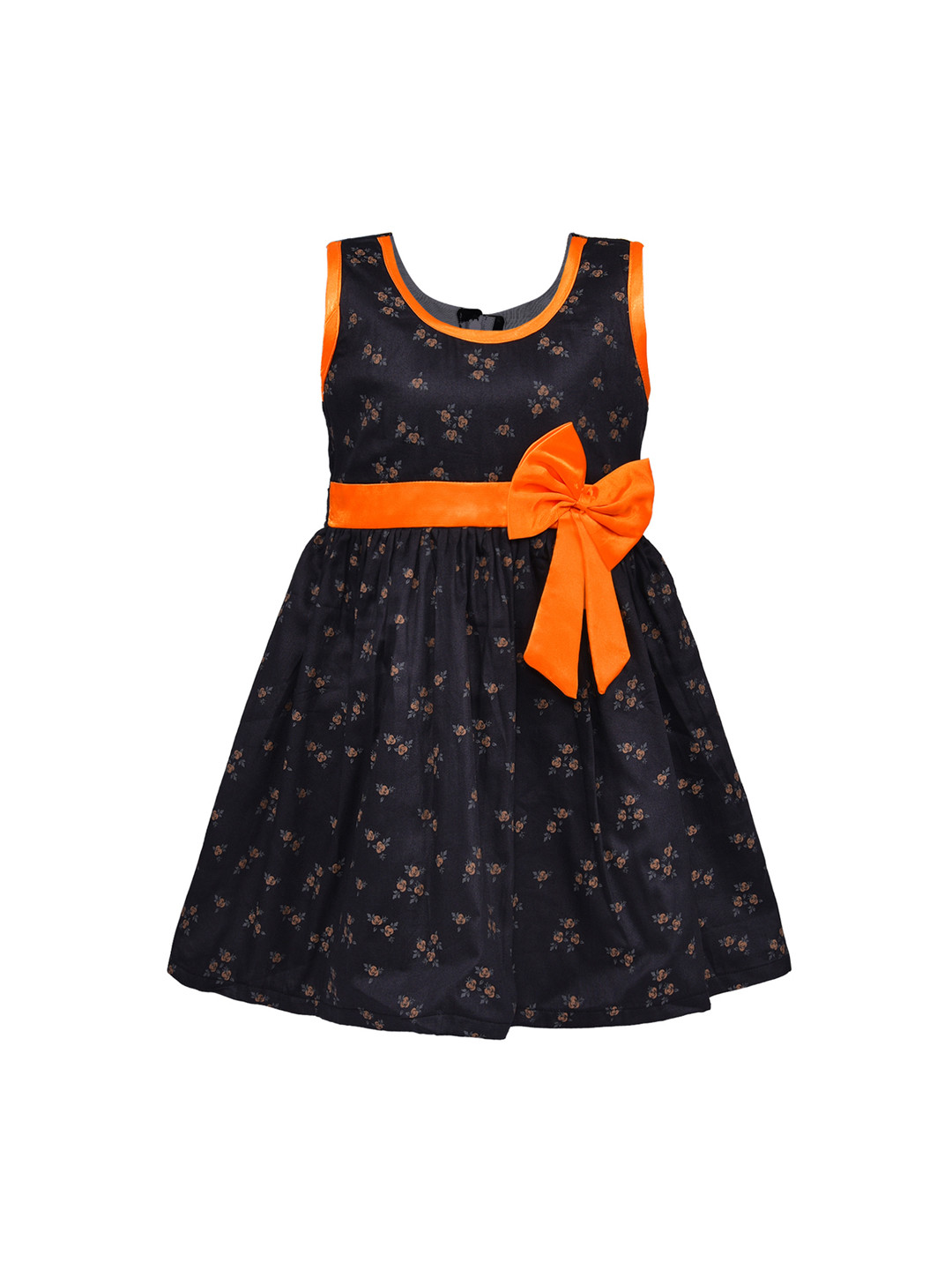 Wish Karo Girls Charcoal Grey & Orange Floral Print Fit and Flare Dress