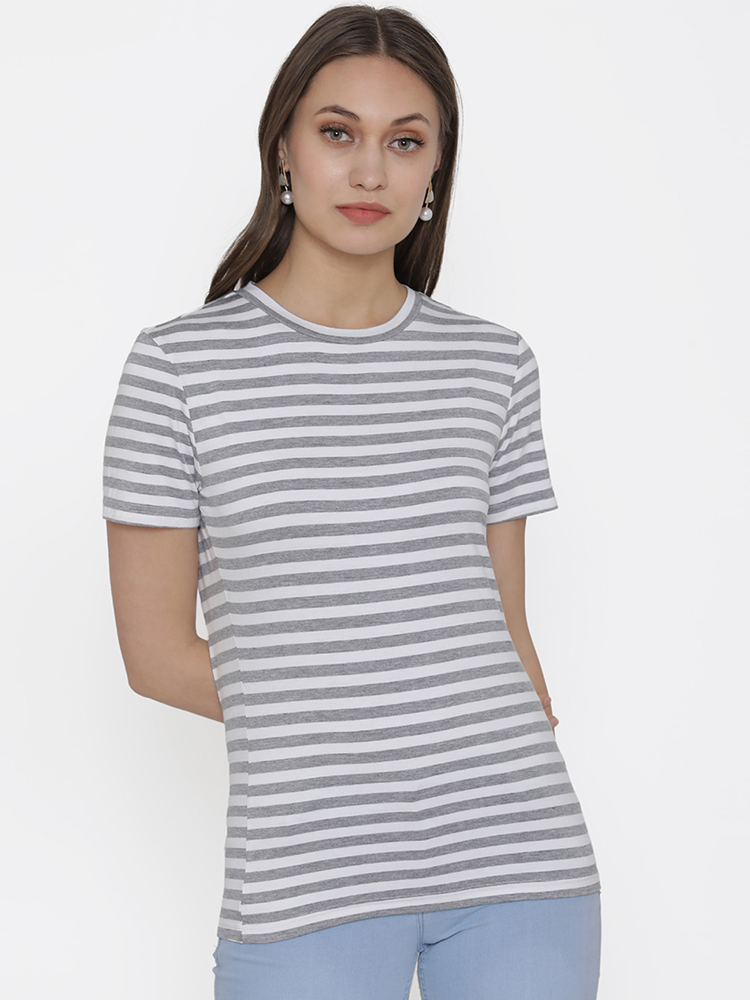 DOOR74 Women Grey And White Striped Round Neck T-shirt