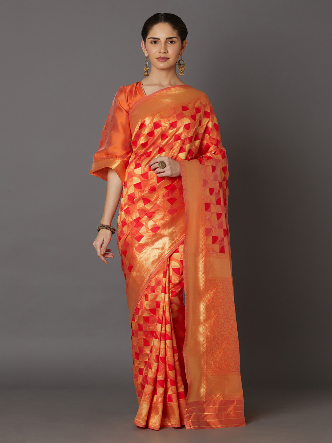 Mitera Orange Silk Blend Woven Design Kanjeevaram Saree