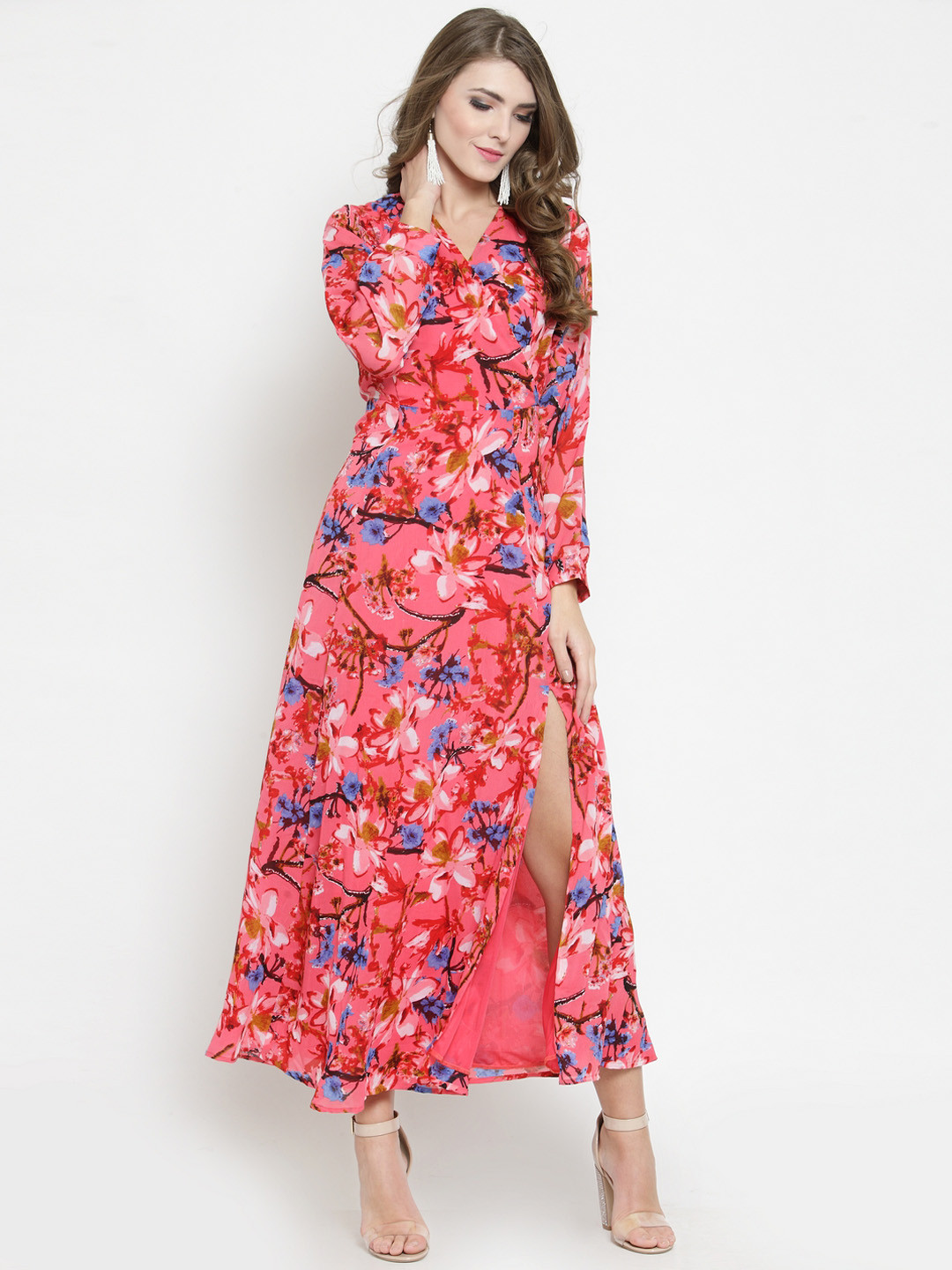 Sera Women Coral Pink And Blue Floral Printed Maxi Shirt Dress