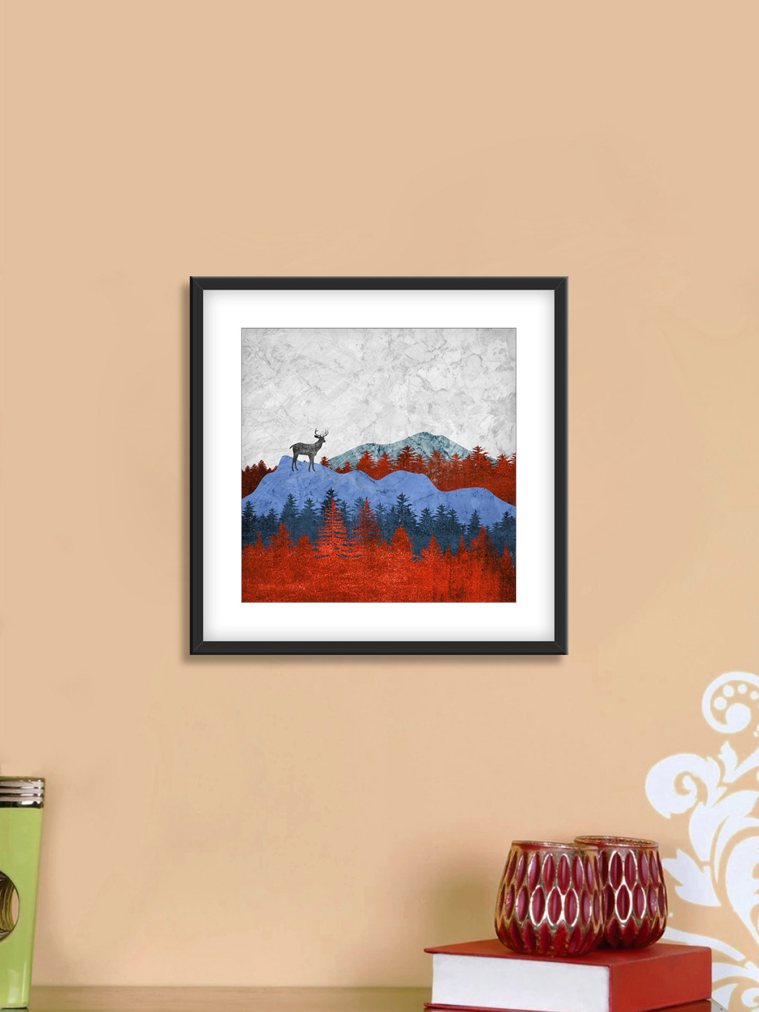 999Store Grey & Red Deer & Forest Cotton Canvas Digitally Printed Wall Art