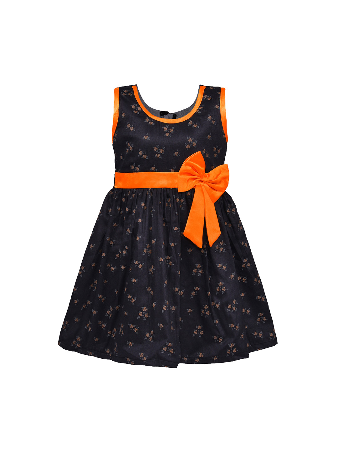 Wish Karo Girls Charcoal Grey & Orange Floral Printed Fit and Flare Dress