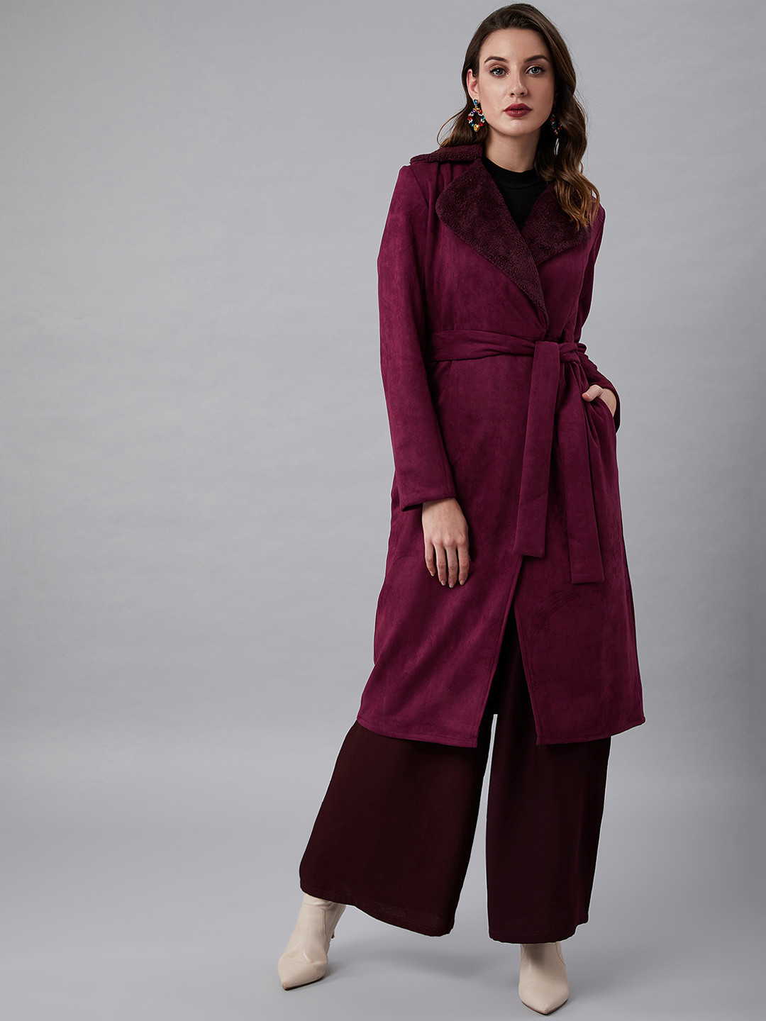 Athena Women Magenta Solid Longline Faux Fur Trim Suede Wrap Coat