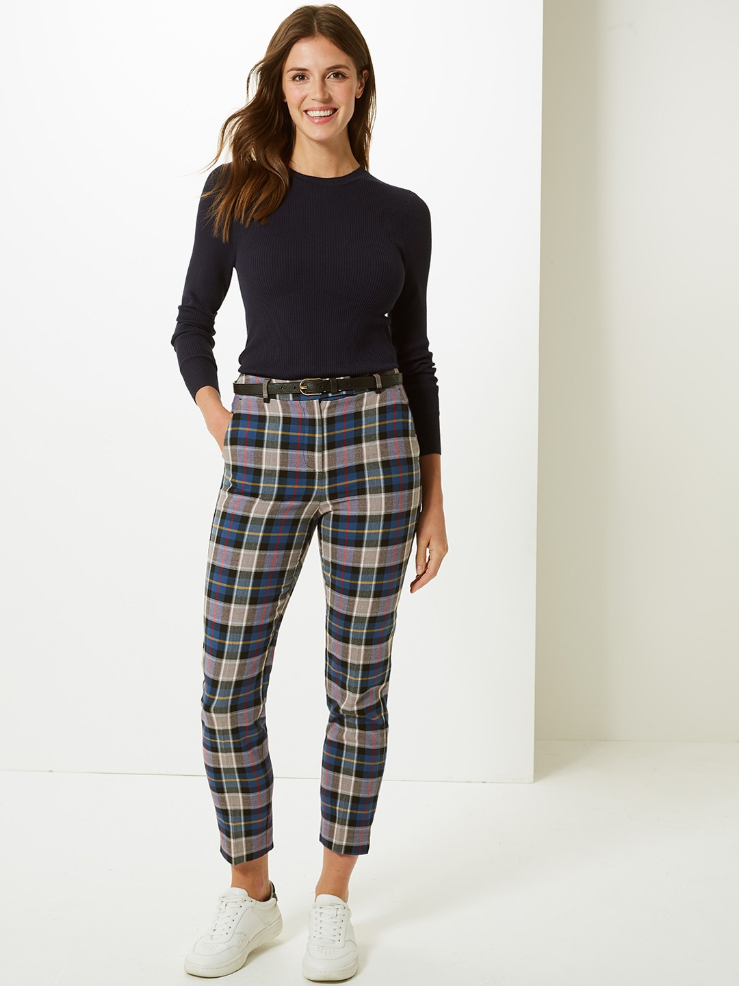 Buy Marks  Spencer Women Blue  Grey Slim Fit Checked Regular Trousers   Trousers for Women 8690263  Myntra