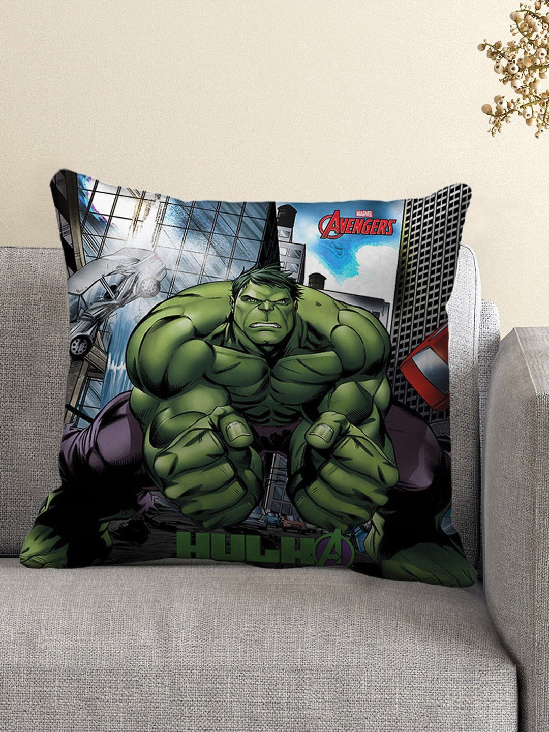 Marvel Green & Blue Hulk Print Single Square Cushion Cover