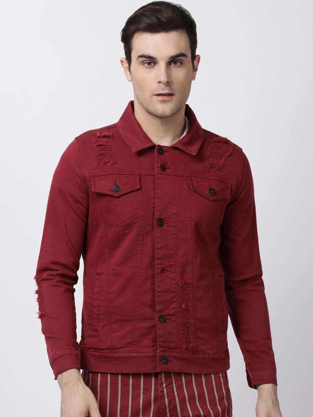 Maroon denim hot sale jacket men