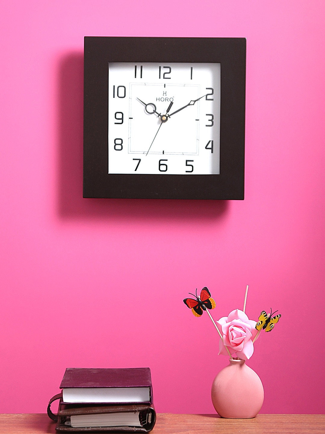 Horo White & Coffee Brown Handcrafted Square Solid Analogue Wall Clock