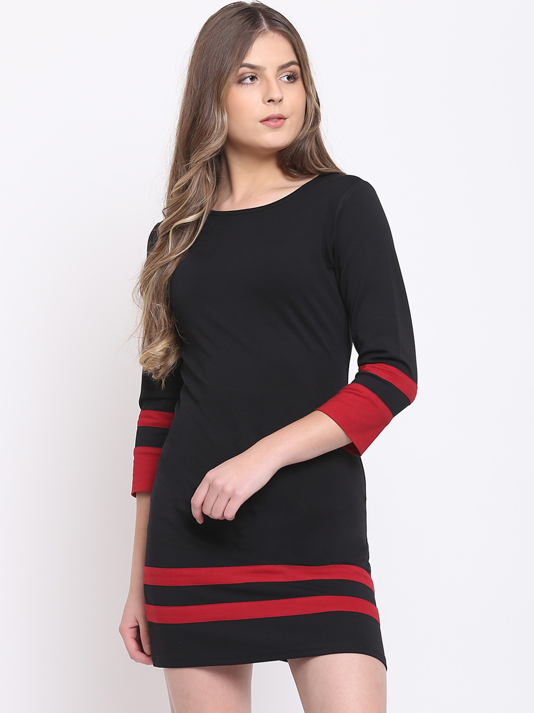 RIVI Women Black and Red Striped Mini Sheath Dress