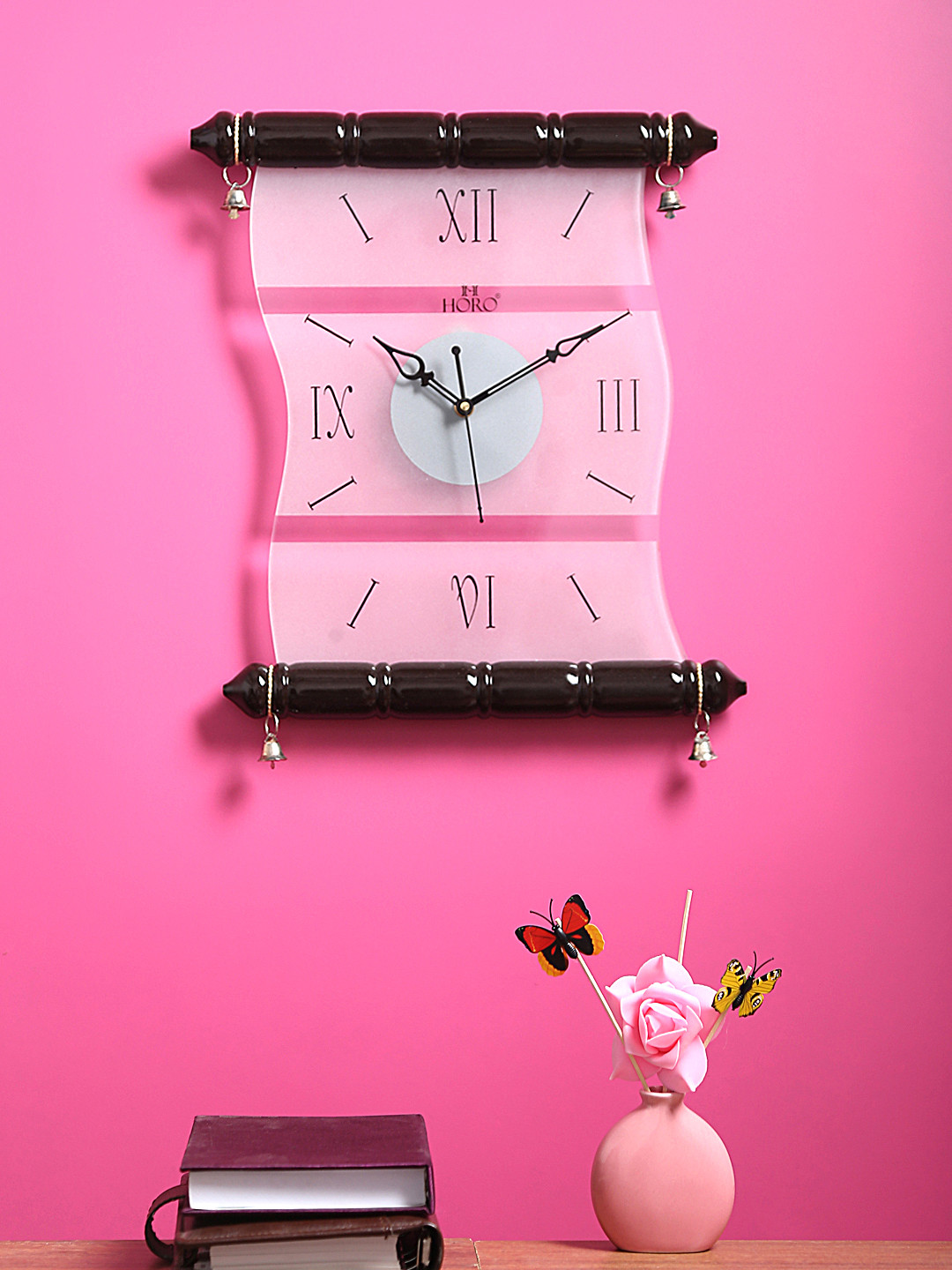 Horo Transparent & Coffee Brown Handcrafted Scroll-Shaped Solid Analogue Wall Clock