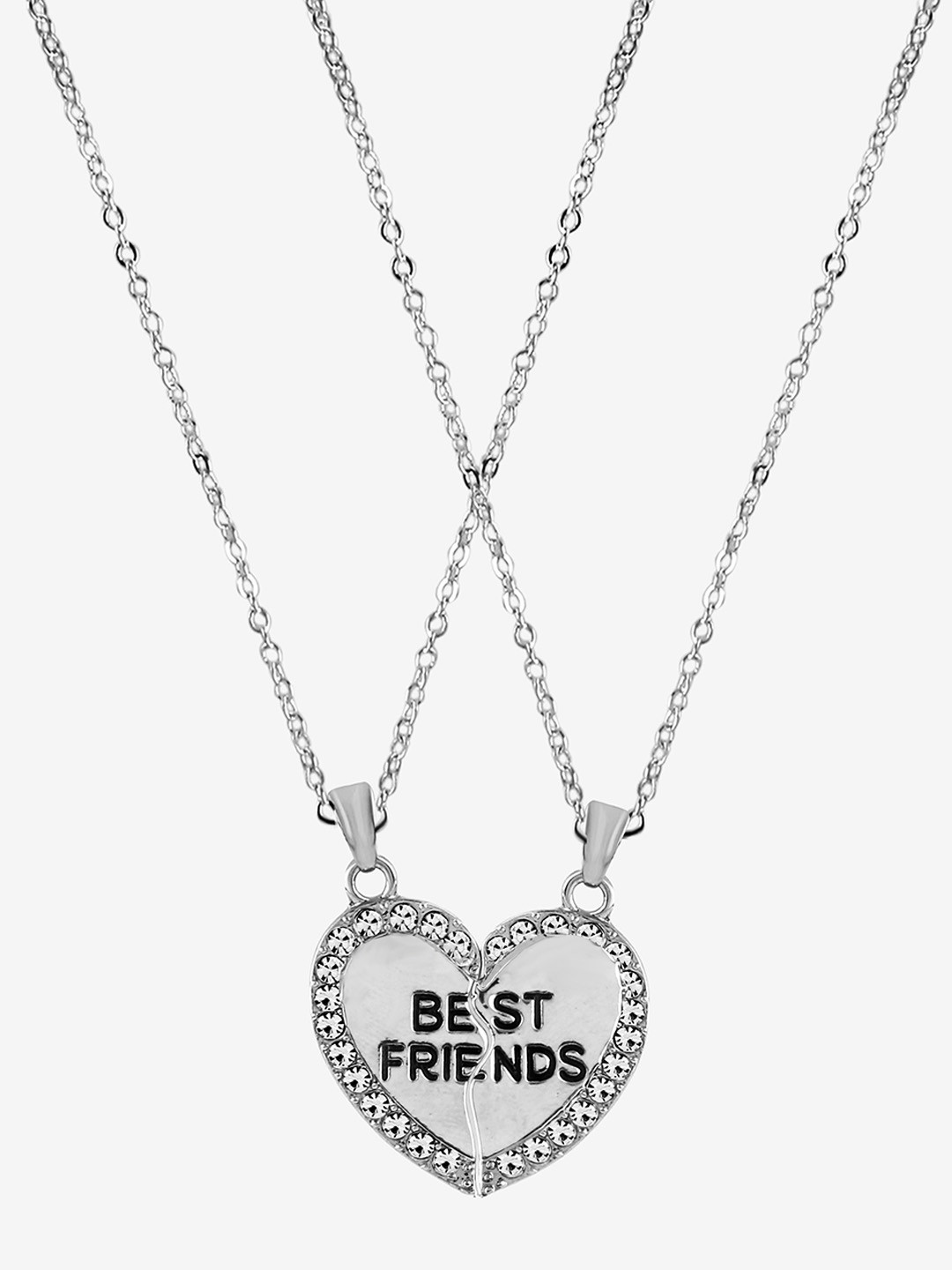 Peora Women Set of 2 Silver-Toned Stone-Studded Broken Heart-Shaped Pendants With Chain