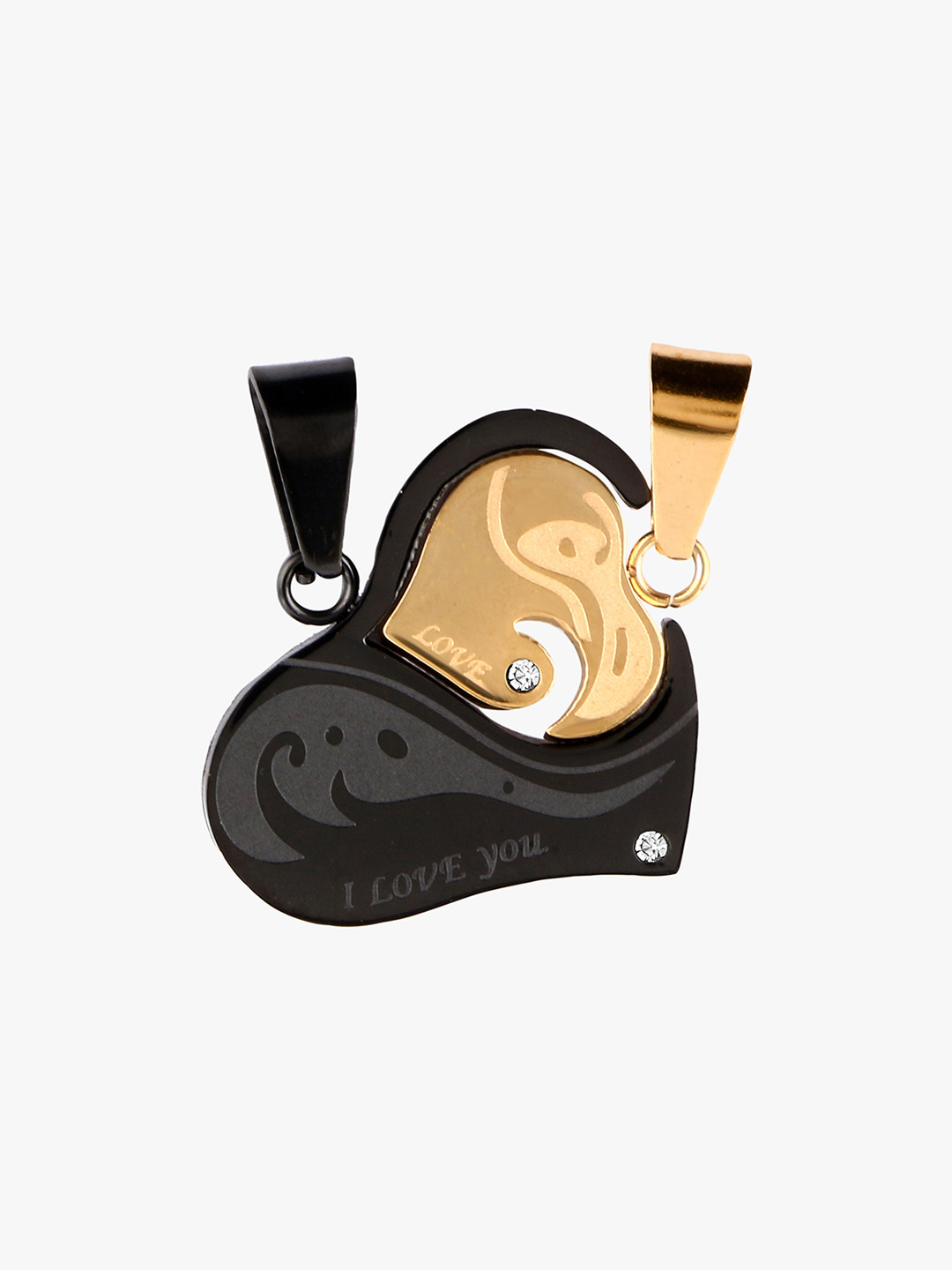 Peora Unisex Set of 2 Gold-Toned & Black Heart-Shaped Puzzle Couple Pendants