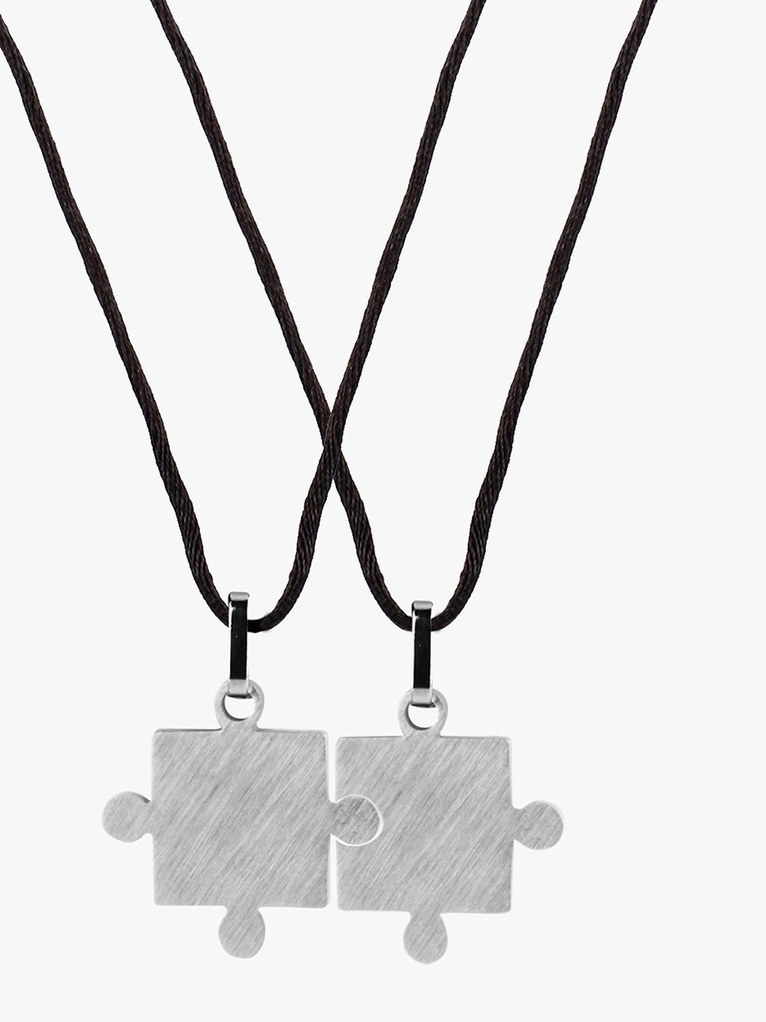 Peora Set of 2 Silver-Toned & Black Stainless Steel Puzzle-Shaped Couple Pendants With Chain