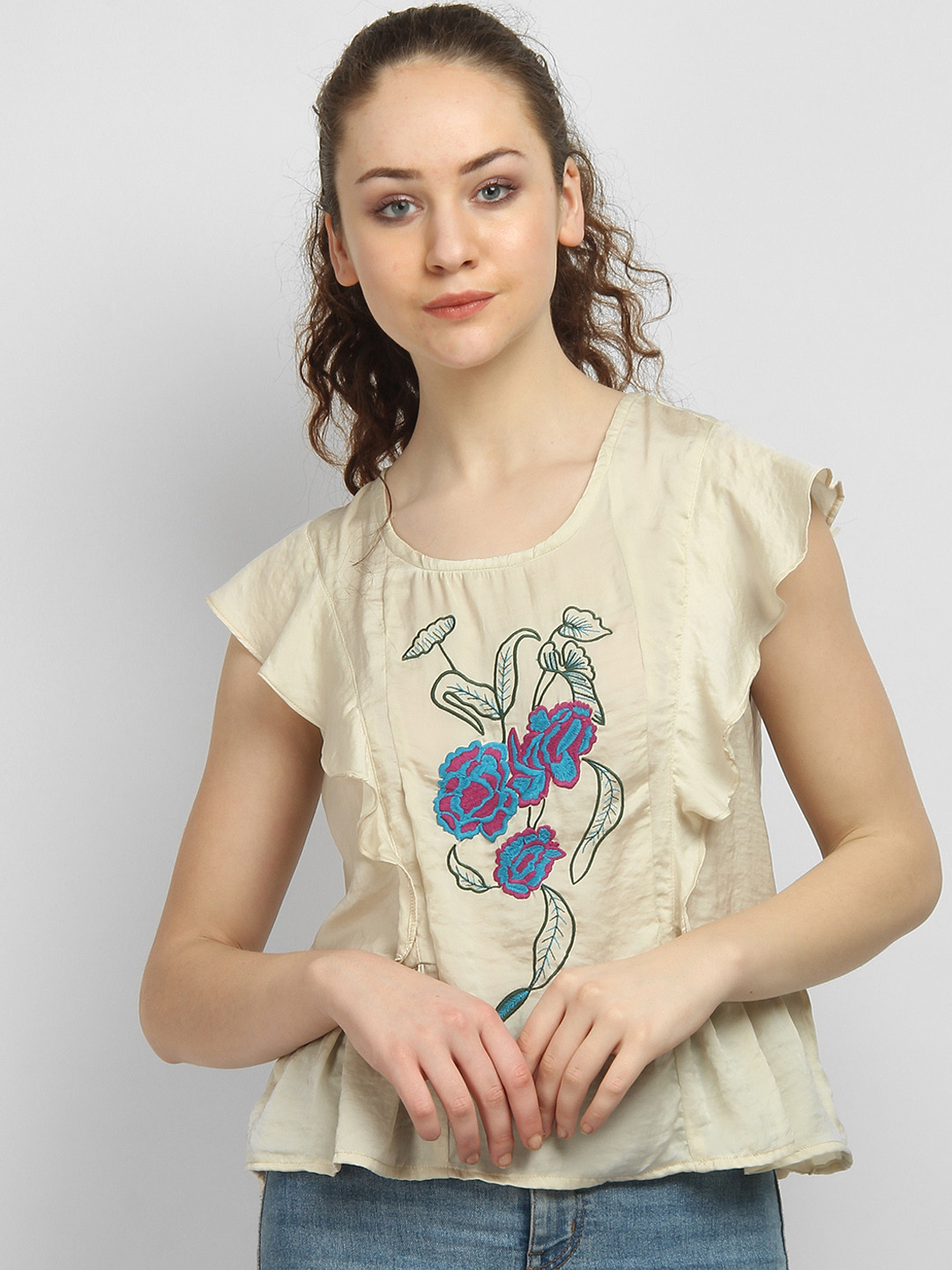 LA LOFT Women Off-White Embroidered A-Line Top