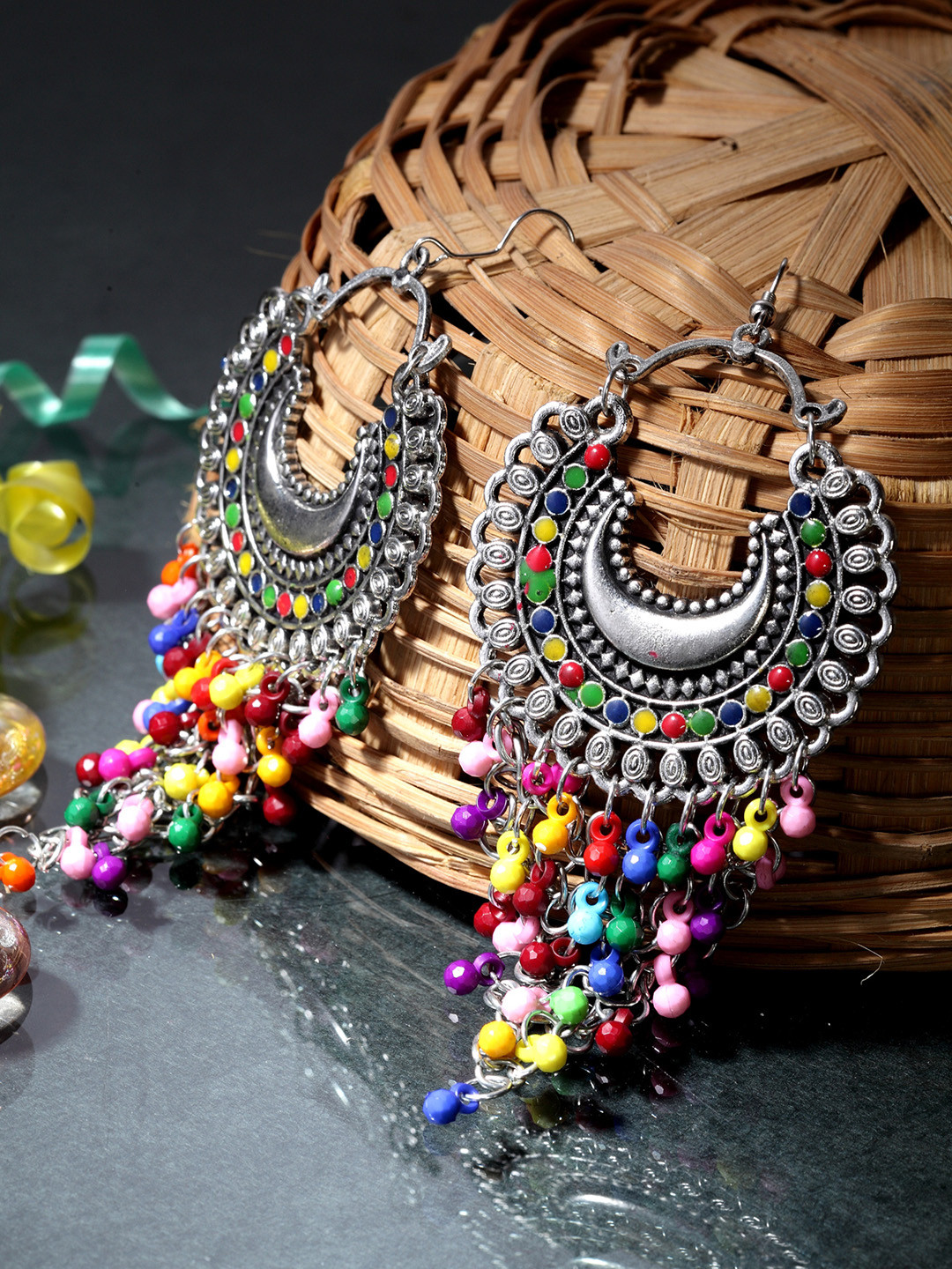 Moedbuille Silver-Plated Multicoloured Oxidised Crescent Shaped Drop Earrings