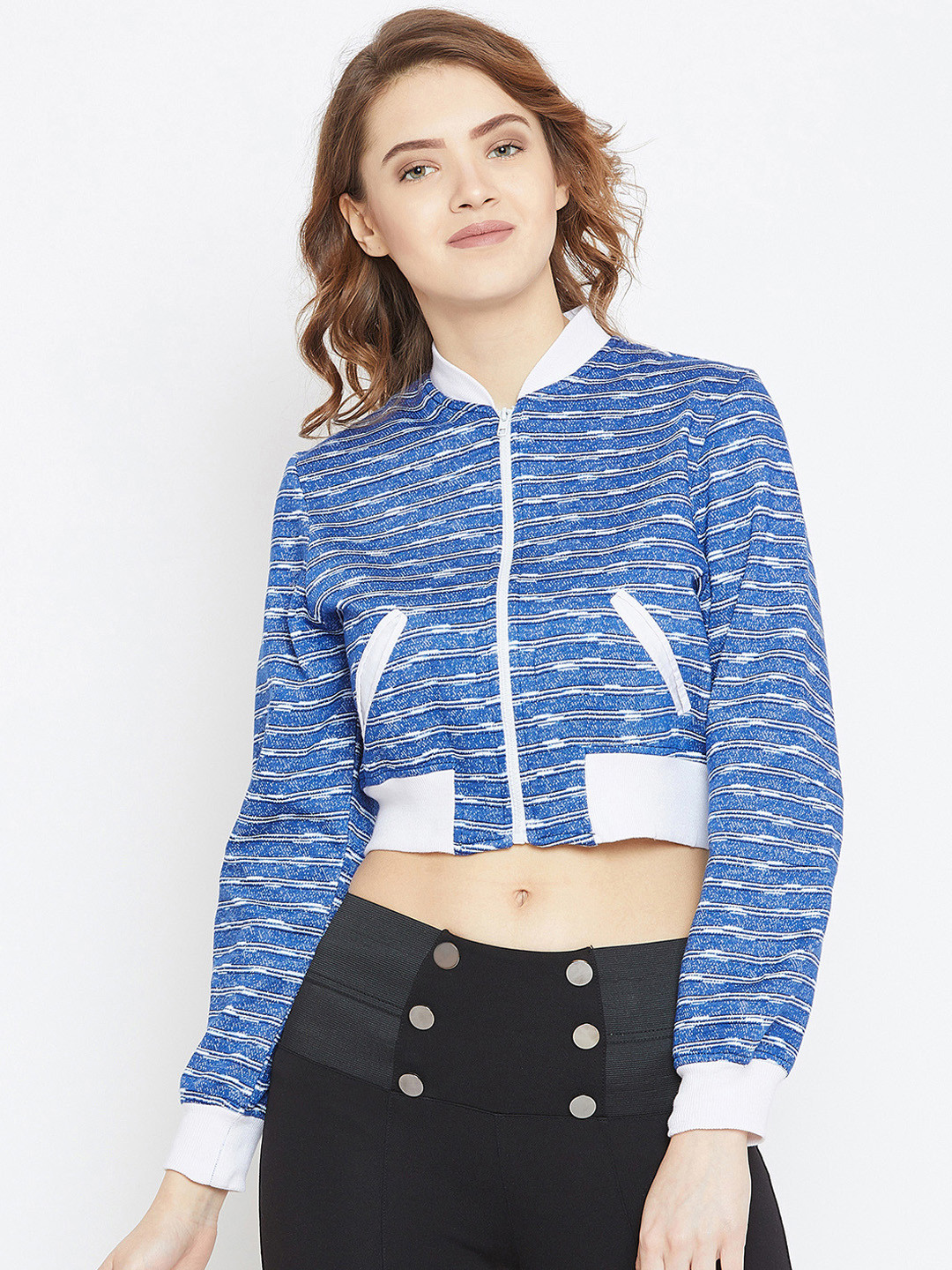Zastraa Women Blue Striped Cropped Bomber