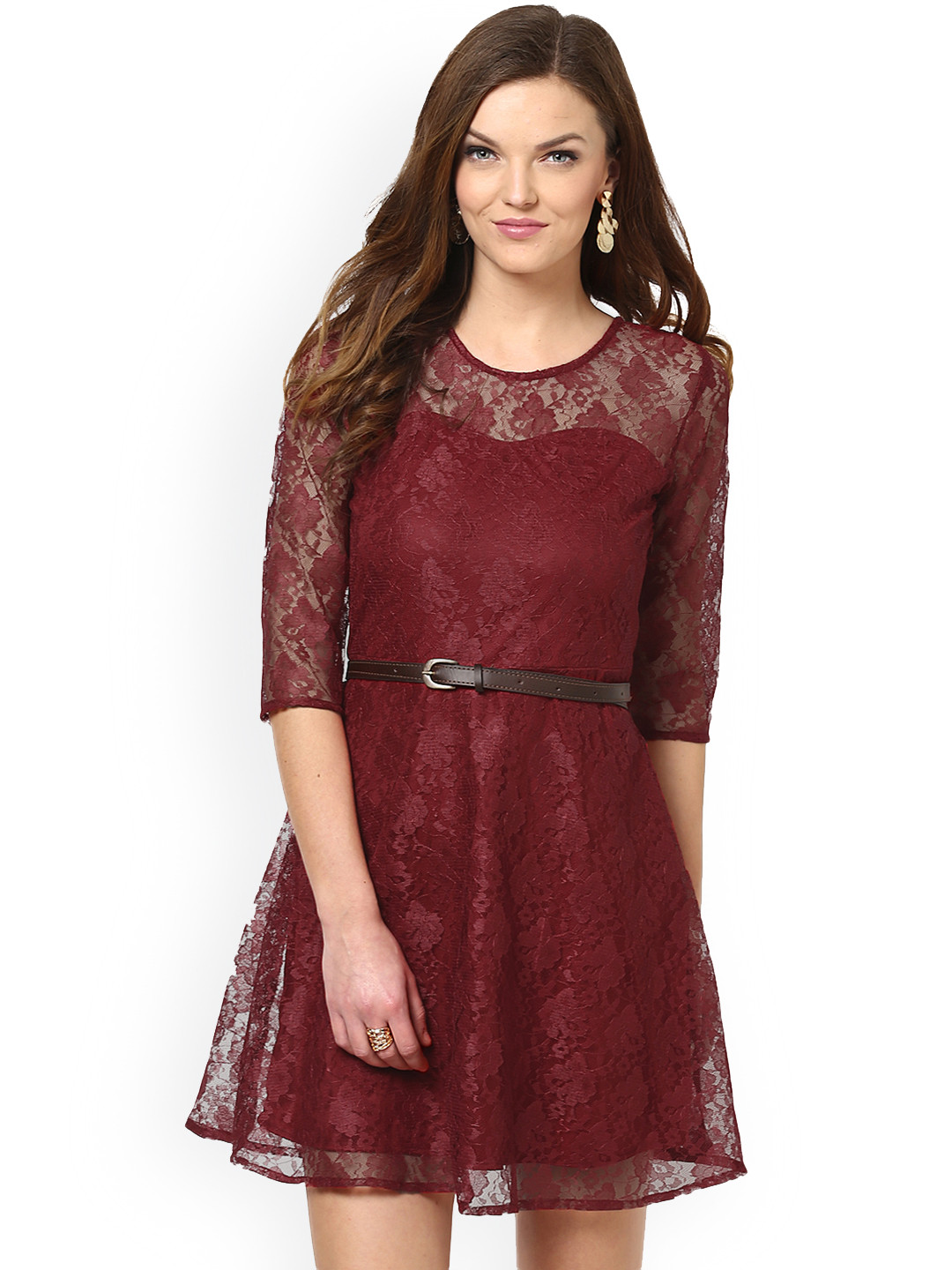 La Zoire Women Maroon Self Design Fit and Flare Dress