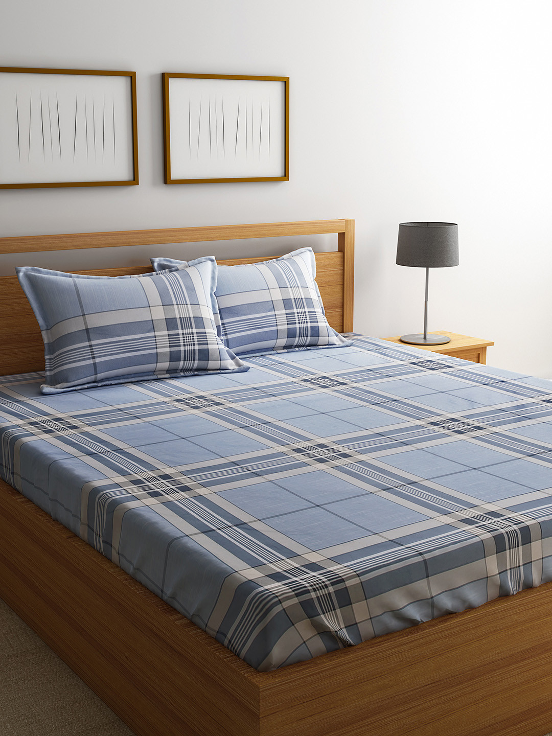RAGO Classic Blue Checked Cotton 210 TC Fitted Queen Superfine Bedsheet with 2 Pillow Covers-91 x 100 inches