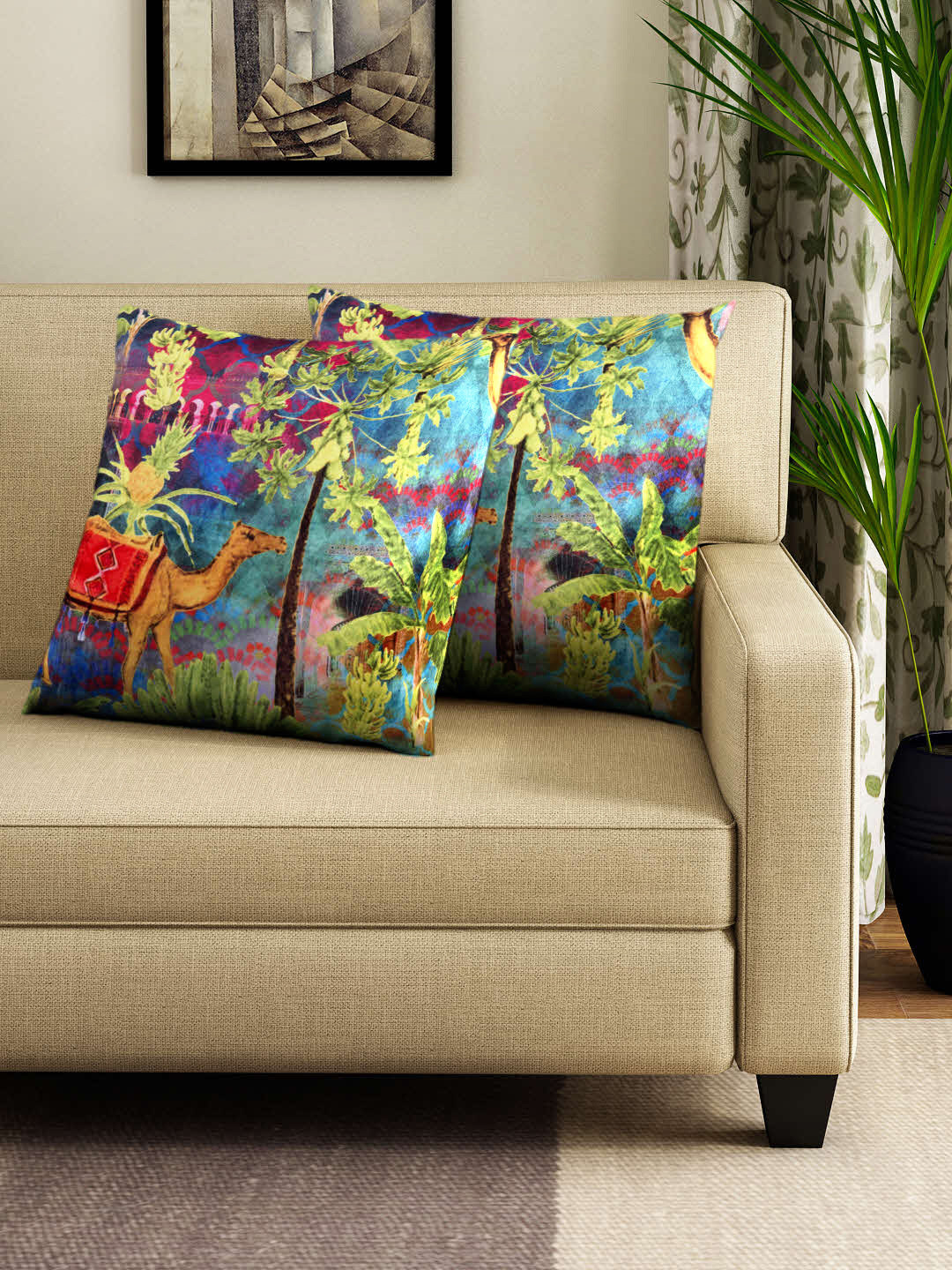 HOUZZCODE Green Conversational Polyester Durable 2 Pcs Square Cushion Covers - 16x16In