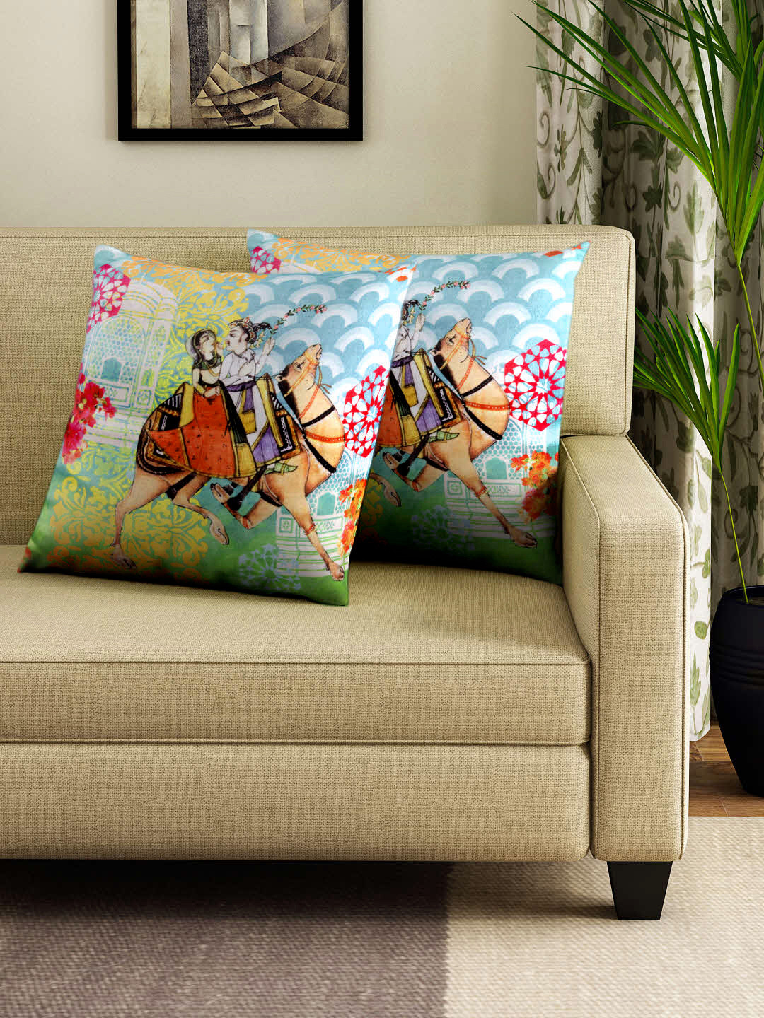 HOUZZCODE Multicoloured Graphic Polyester Ultra Soft 2 Pcs Square Cushion Covers -16x16In