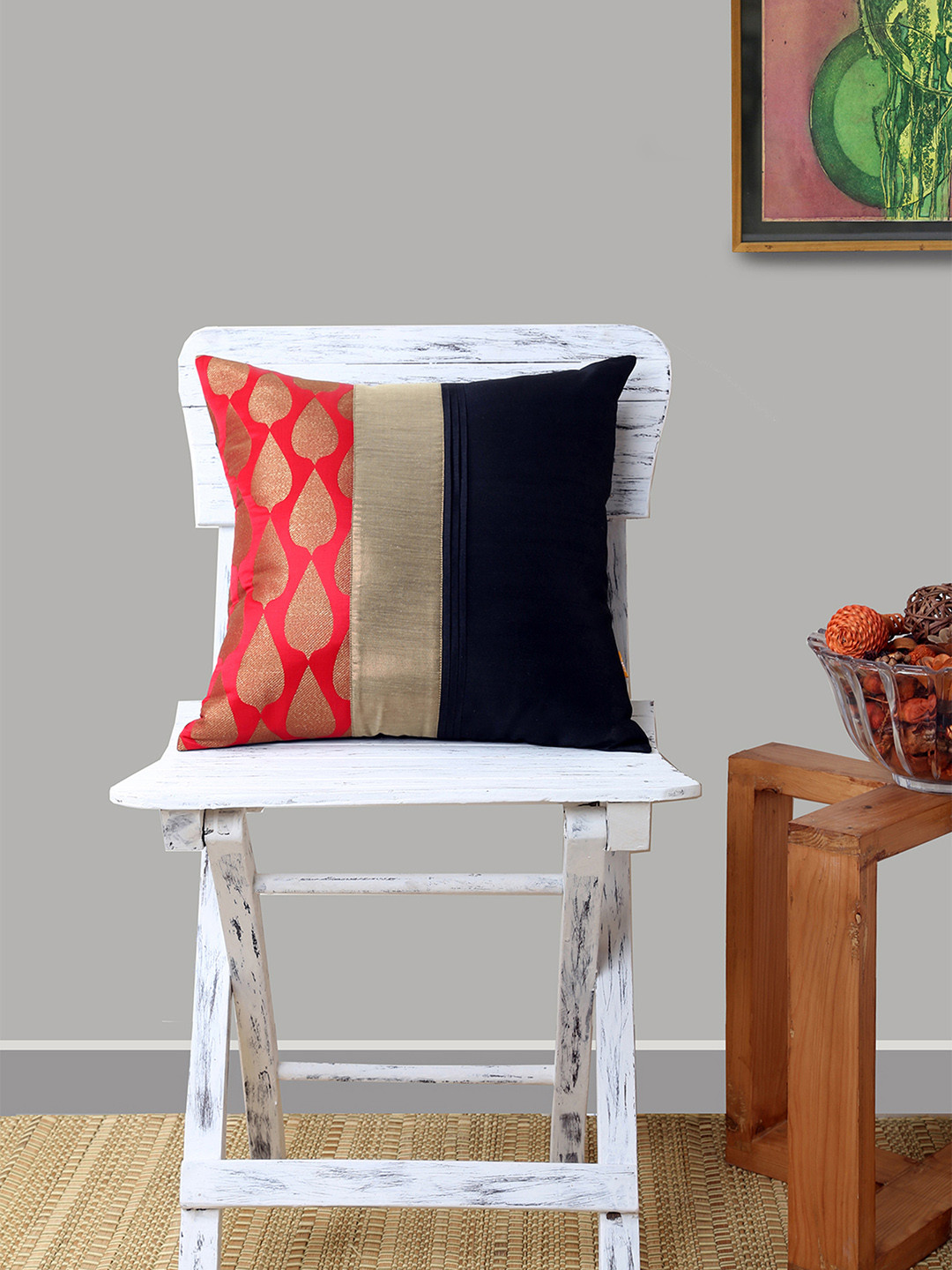 ANS Black Ethnic Motifs Polyester Washable Square Cushion Cover - 15.7 x 15.7 Inches
