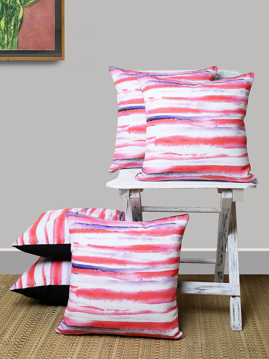 ANS Stripe Pink Abstract Polycanvas Breathable 5 Piece Square Cushion Covers -16x16In