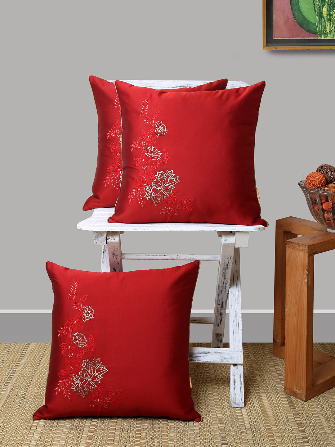 ANS Red Floral Polyester Durable 3 Pcs Embroidered Cushion Covers - 15.7 x 15.7 Inches