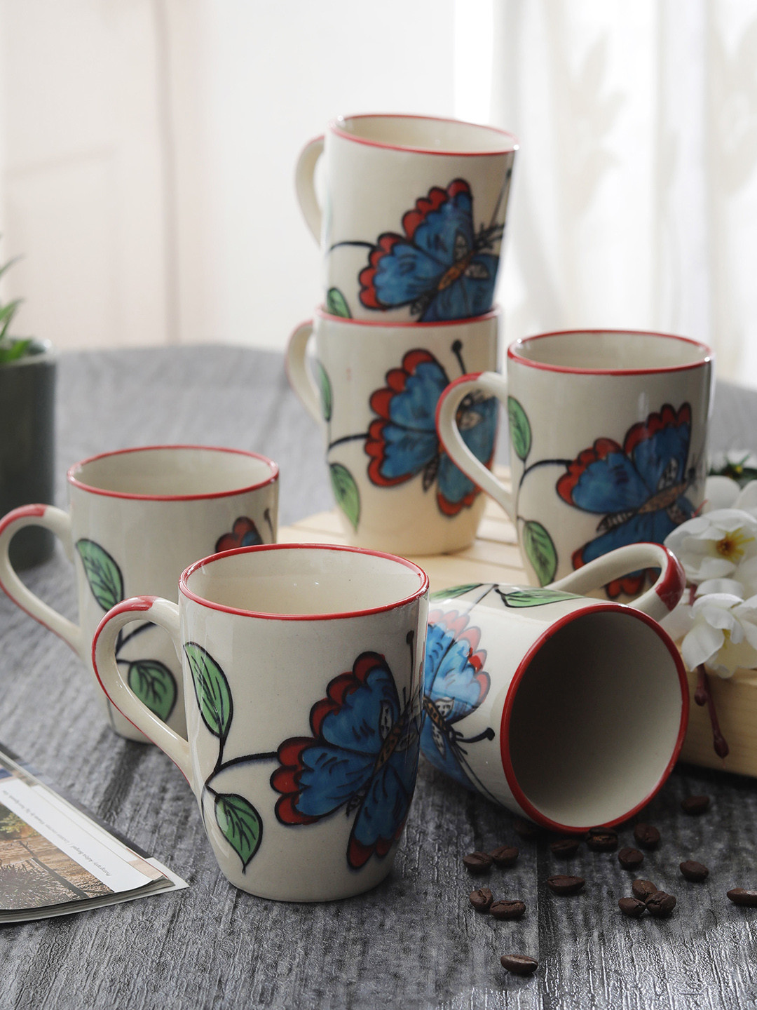 MIAH Decor Multicoloured Leaf Ceramic Microwave Safe 6 Piece Mugs-250ml