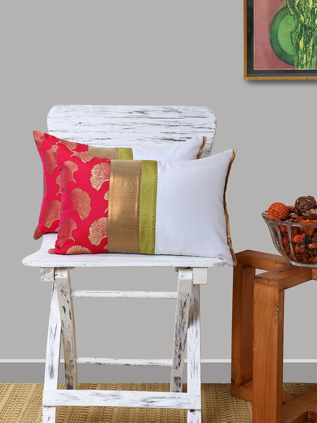 ANS Off White Floral Polyester Washable 2 Pcs Patchwork Cushion Covers - 18 x 12 Inches
