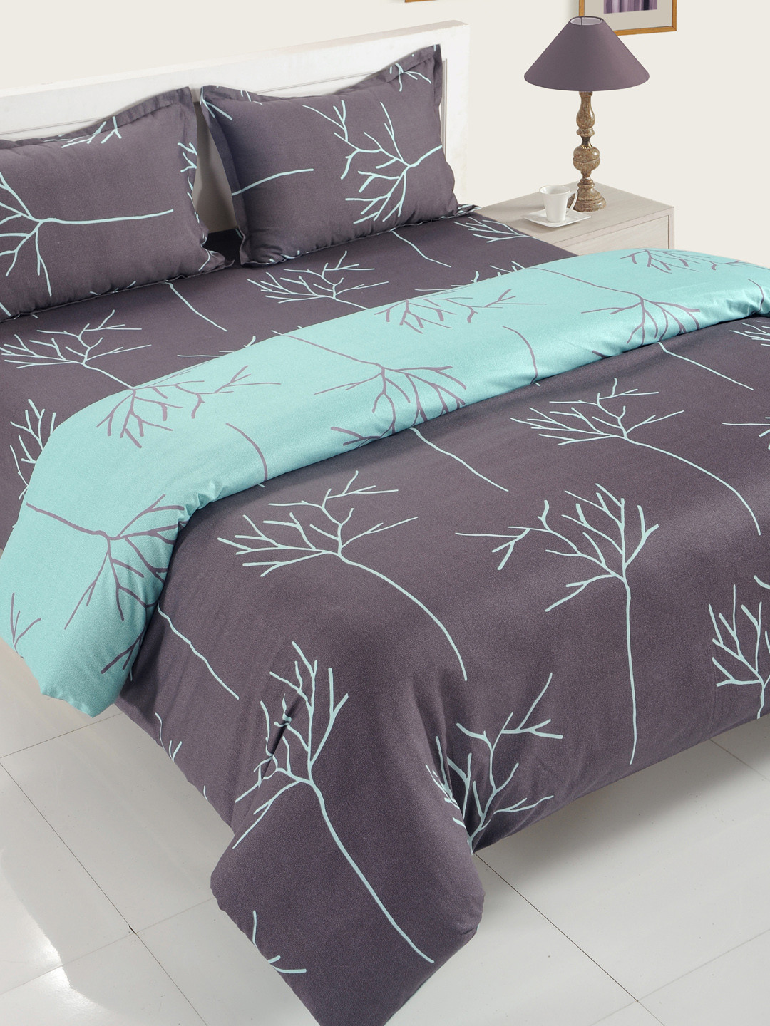 SWAYAM Grey & Turquoise Blue Cotton 200 TC Abstract Printed Bedding Set
