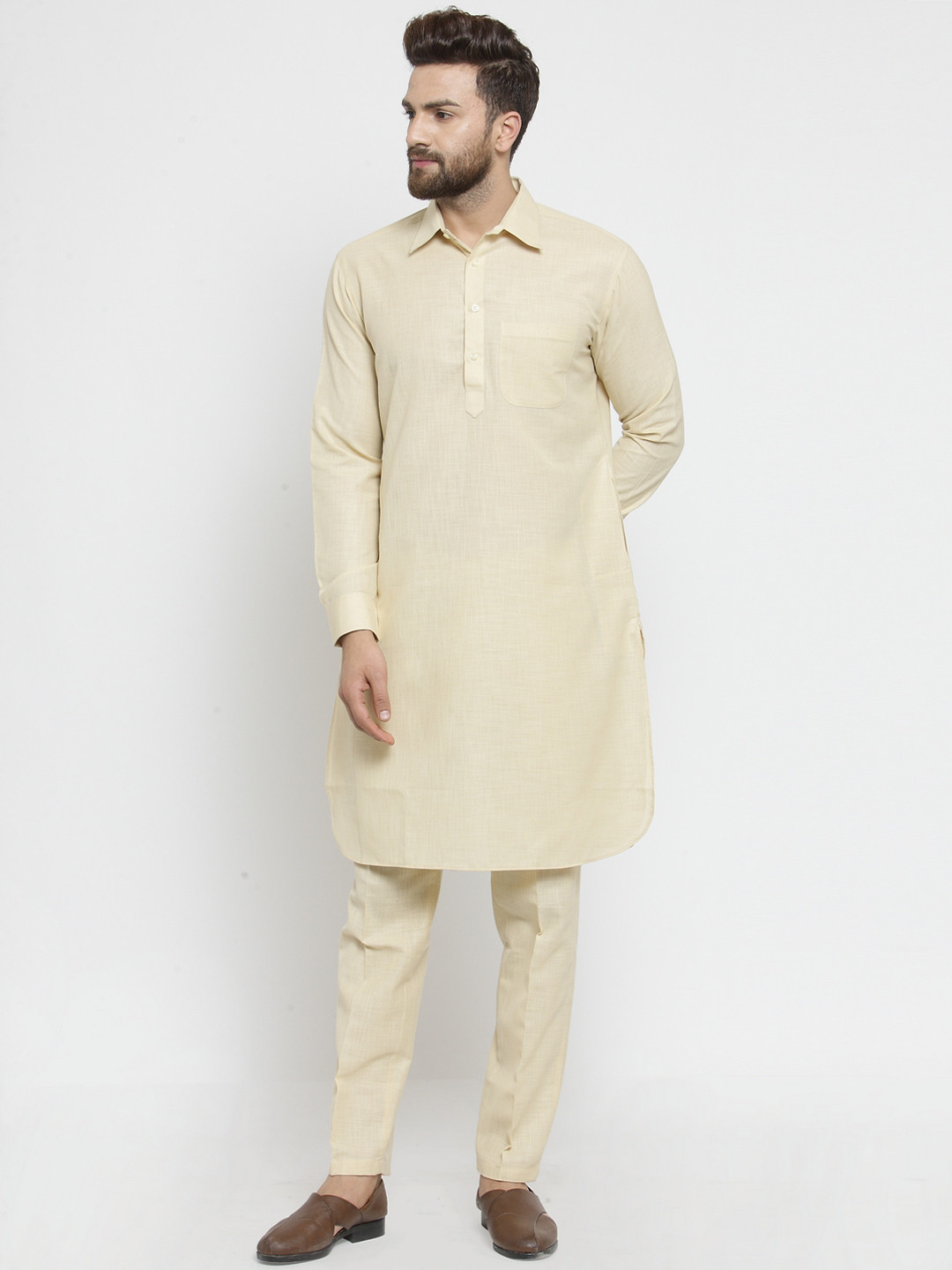 TREEMODA Men Beige Solid Pathani Kurta with Pyjamas