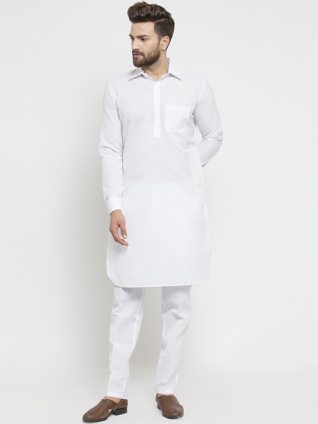 TREEMODA Men White Solid Pathani Kurta with Pyjamas