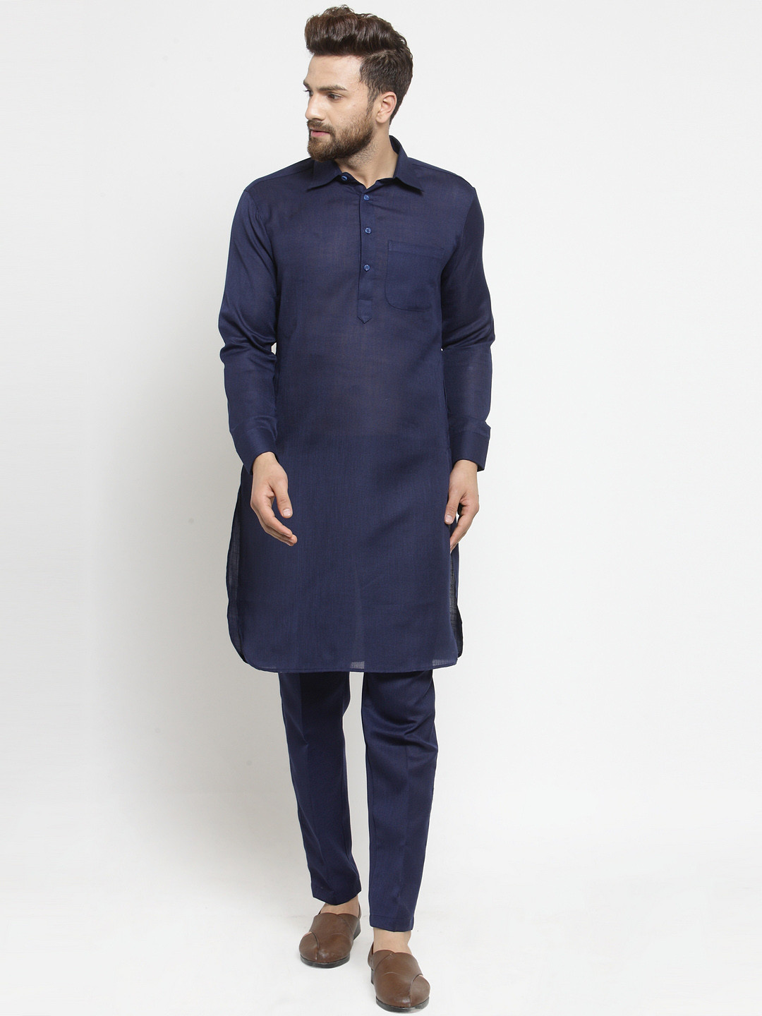 TREEMODA Men Navy Blue Solid Pathani Kurta with Pyjamas